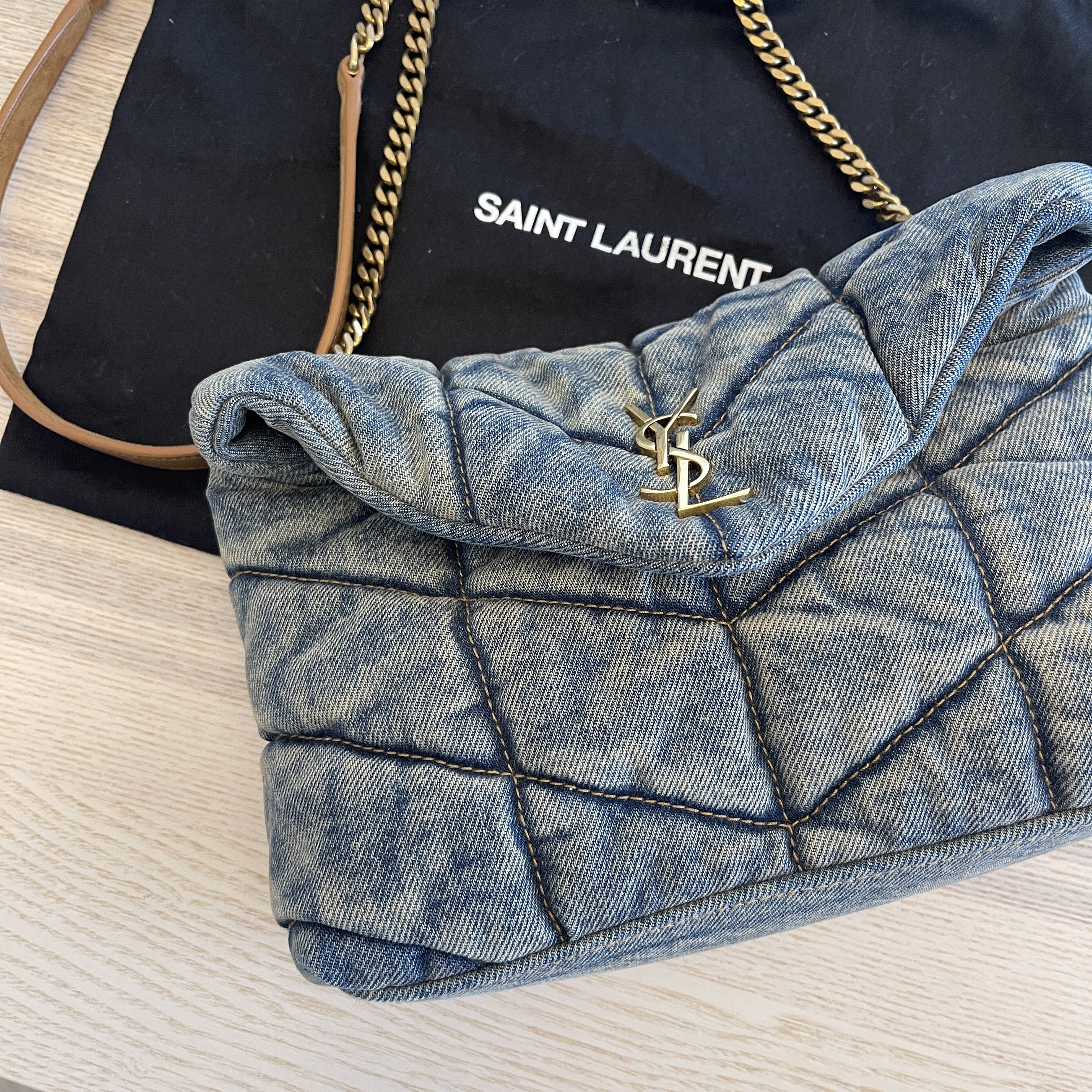 Saint Laurent Loulou Toy Puffer Denim Shoulder Bag in Blue
