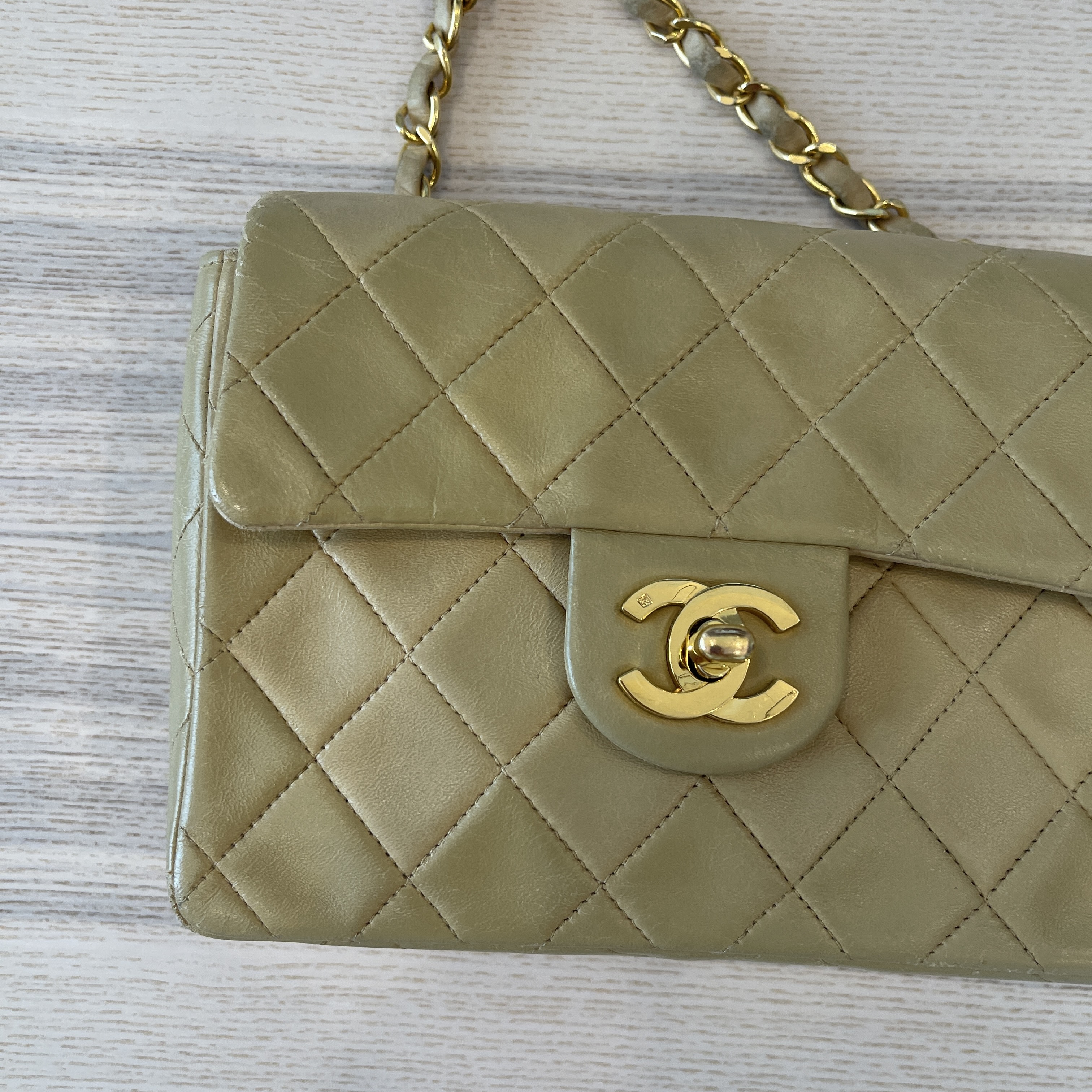 Chanel Beige Quilted Lambskin Leather Classic Square Mini Flap Bag