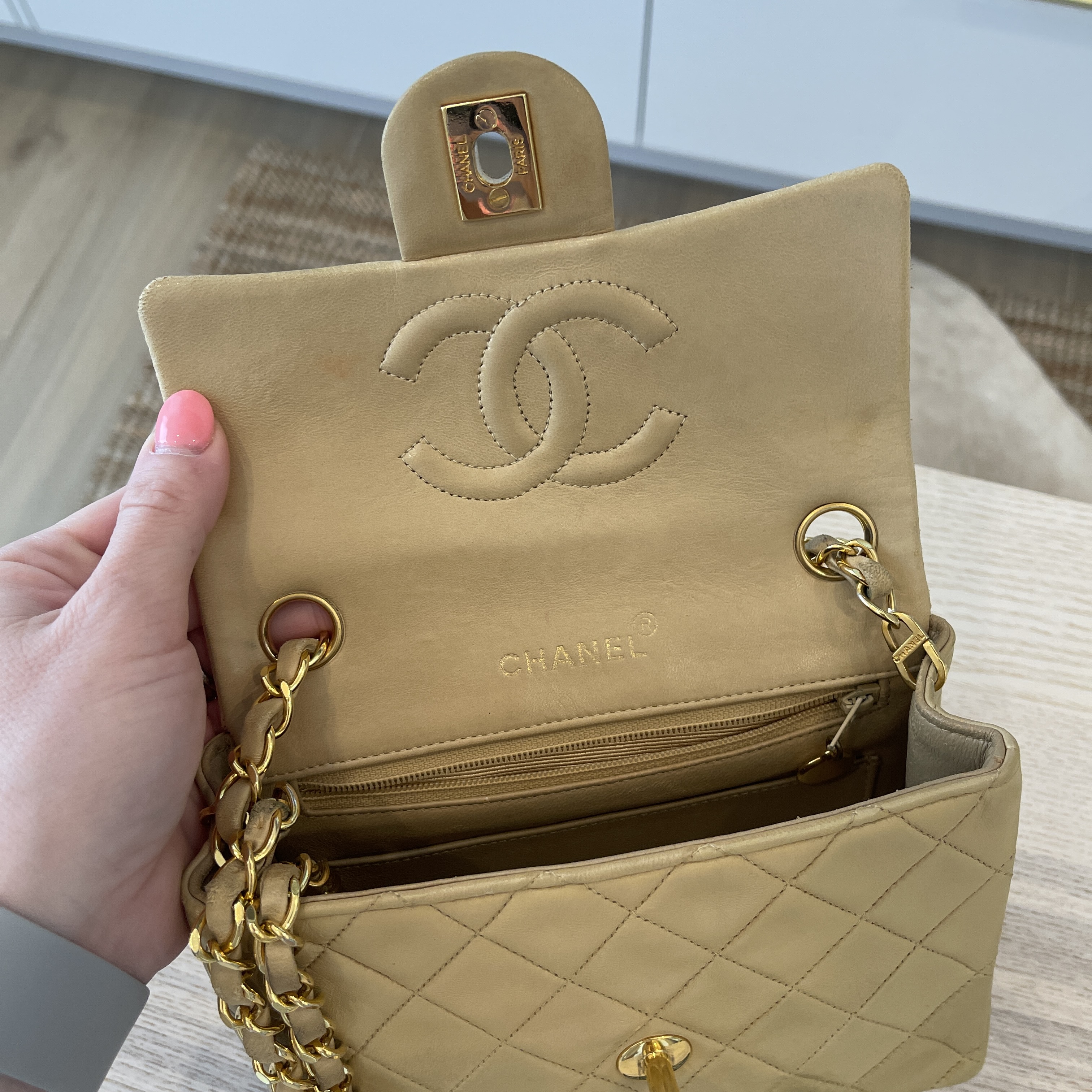 Chanel Beige Quilted Lambskin Leather Classic Square Mini Flap Bag