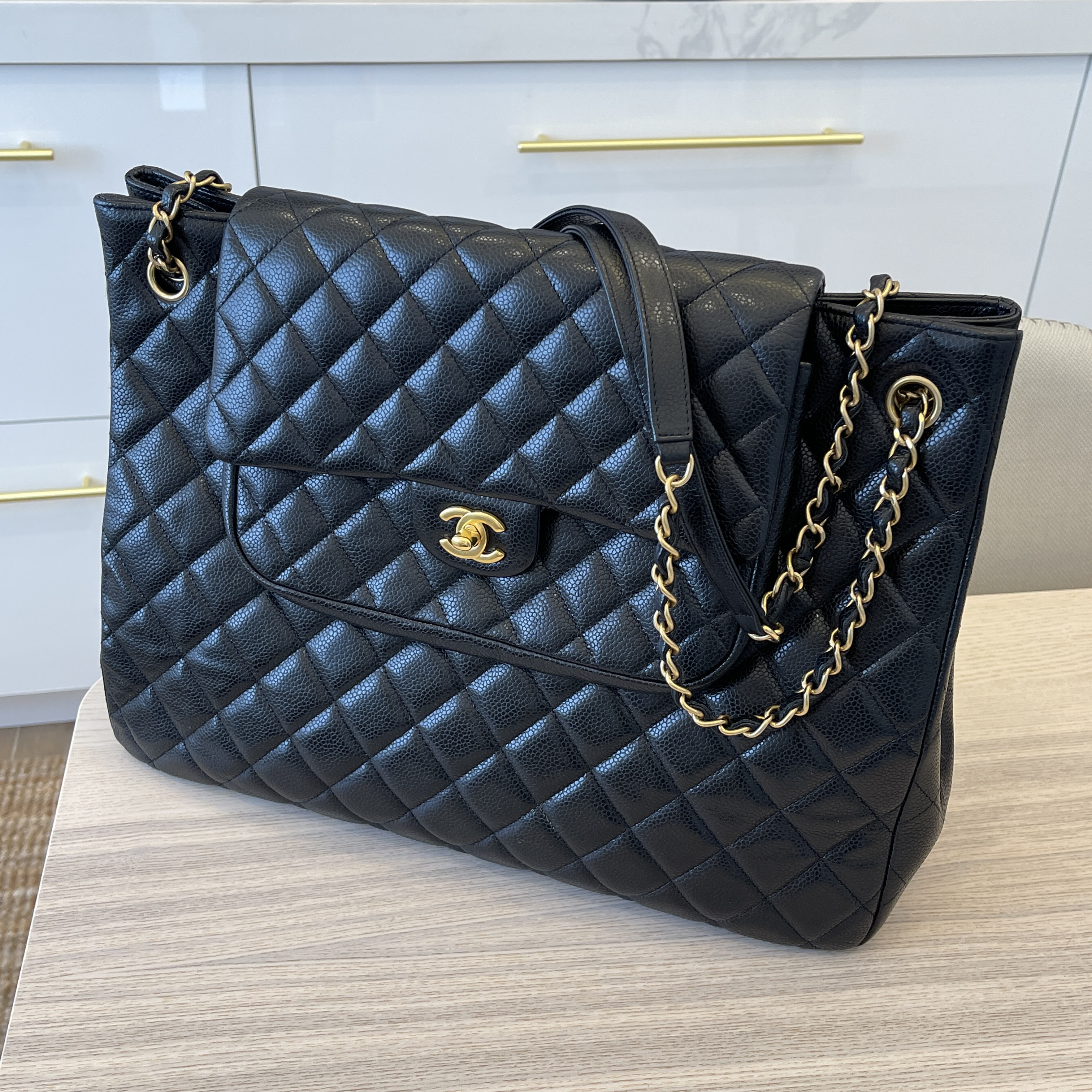 Chanel Classic Flap Shopping Tote Quilted Caviar Large Black