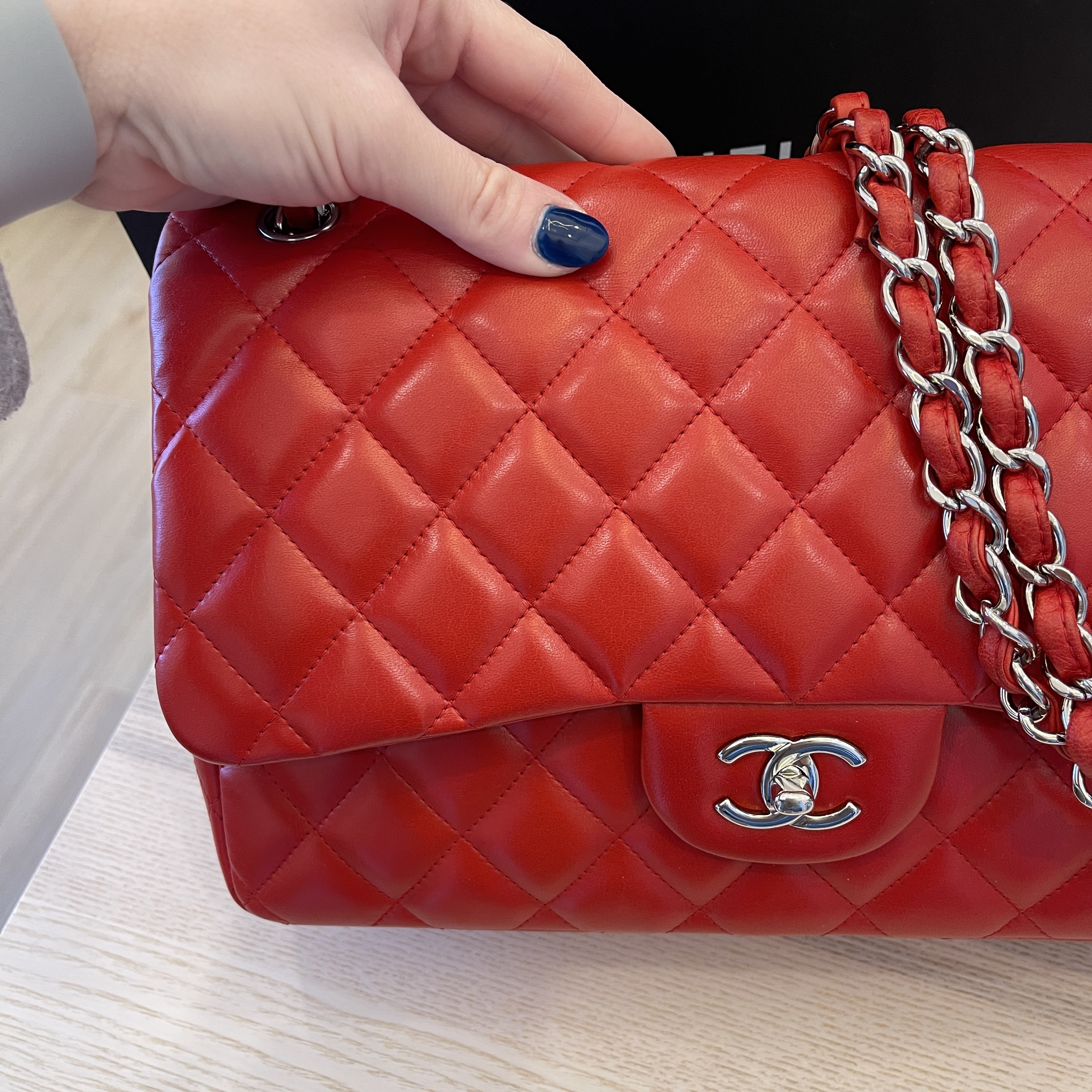 Chanel Lambskin Quilted Jumbo Double Flap Red Silver Hardware