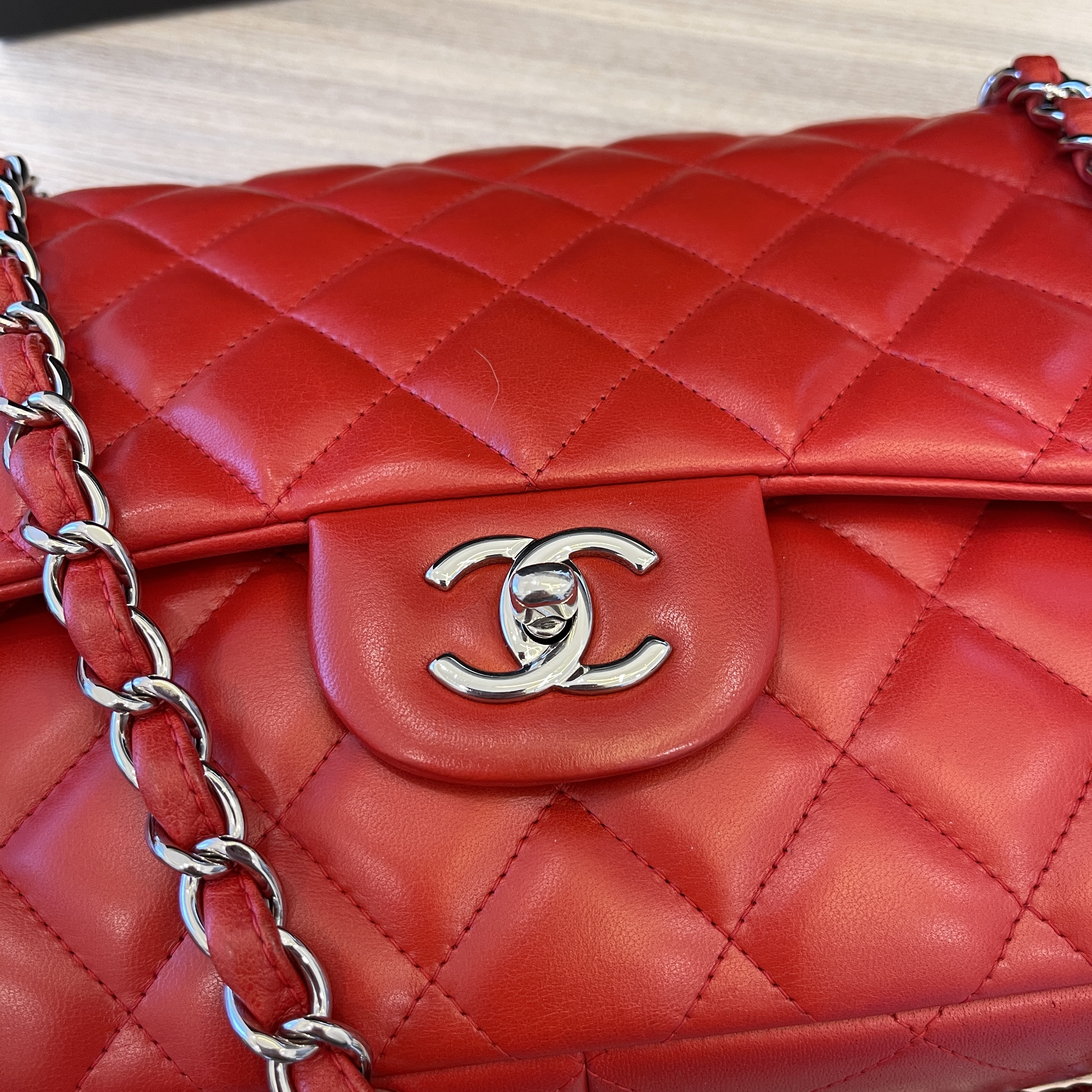 Chanel Lambskin Quilted Jumbo Double Flap Red Silver Hardware