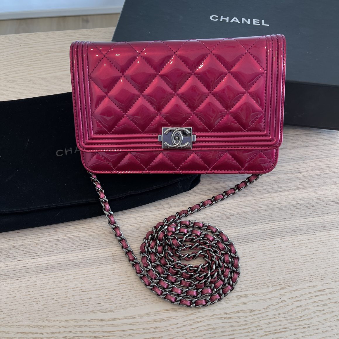 Chanel Patent Quilted Boy Wallet On Chain WOC Pink