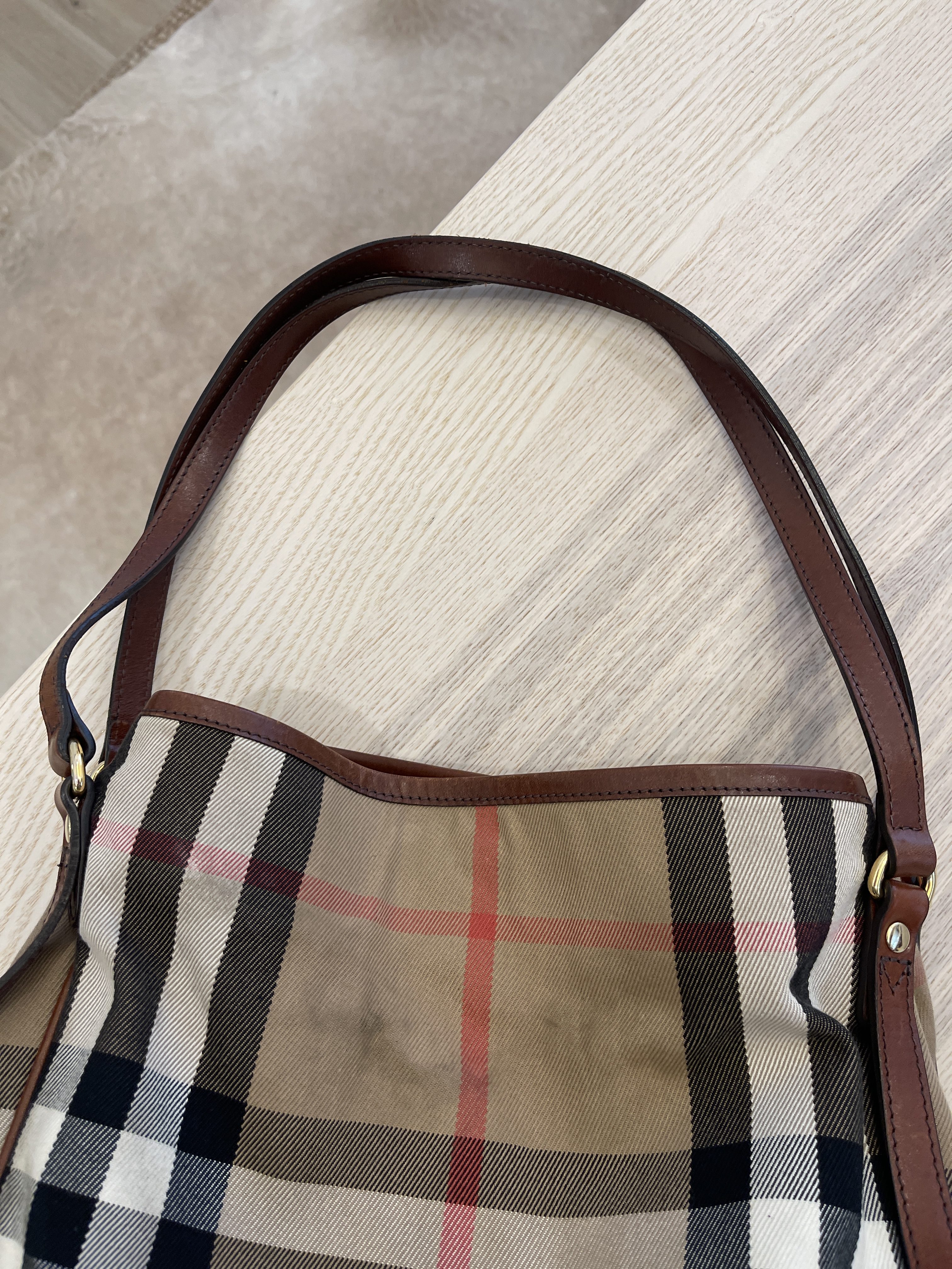 BURBERRY Maroon Leather Bridle House Check Canvas Canterbury Tote