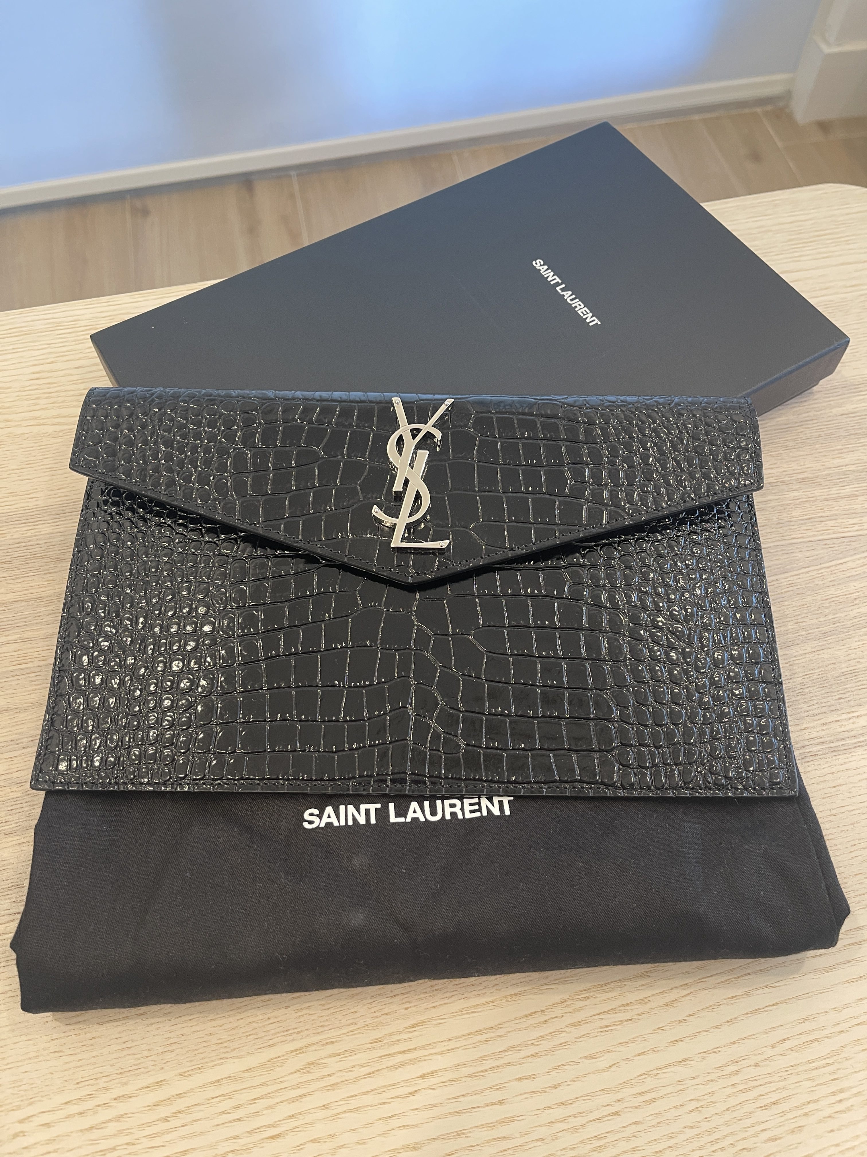 Saint Laurent Uptown Pouch in Crocodile Embossed Shiny Leather Black