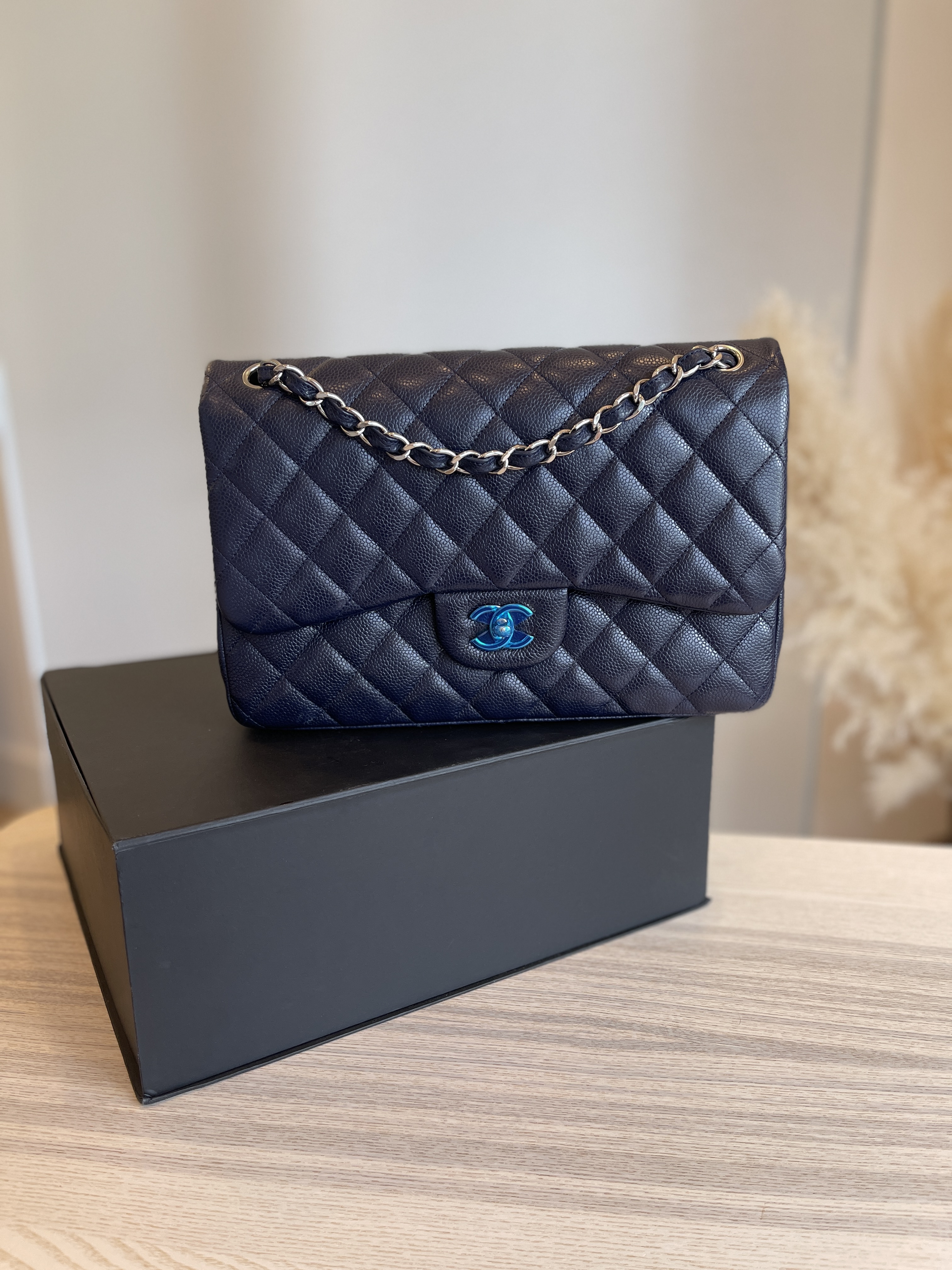 Chanel Caviar Quilted Jumbo Double Flap Navy Silver Hardware
