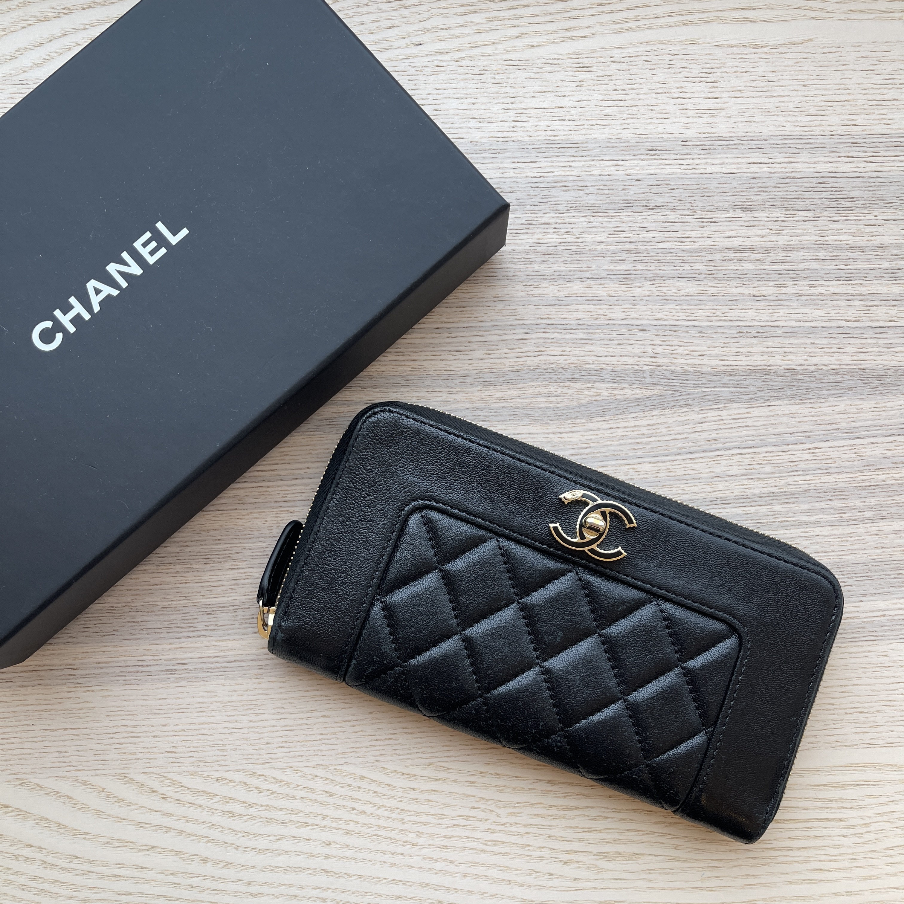 Chanel Sheepskin Quilted Mademoiselle Vintage Zip Around Wallet Black