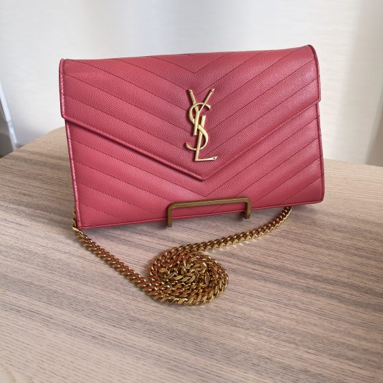 Saint Laurent Envelope Quilted Leather Chain Wallet Pink Gold Hardware