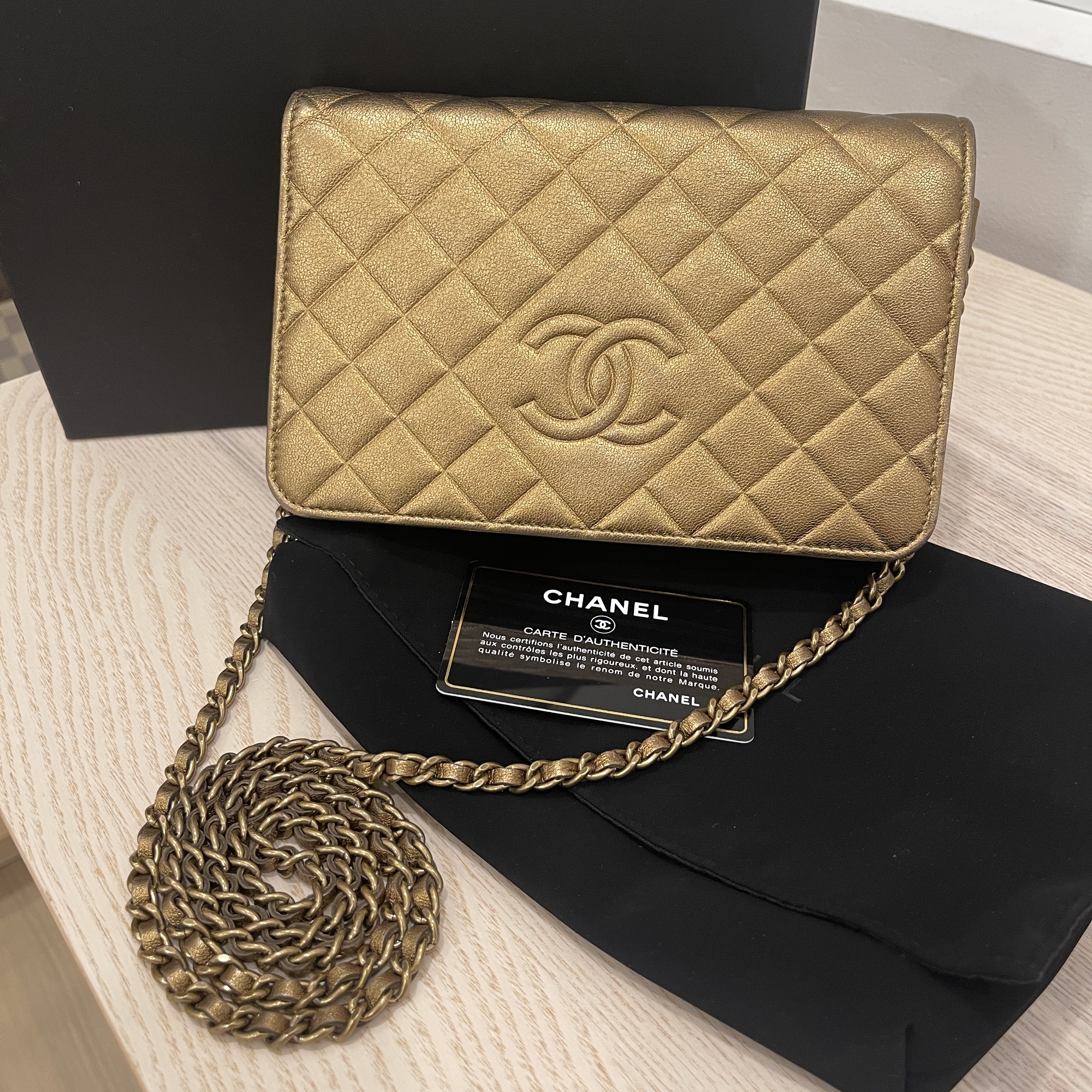 Chanel Lambskin Quilted Chevron Diamond CC Wallet On Chain WOC Gold