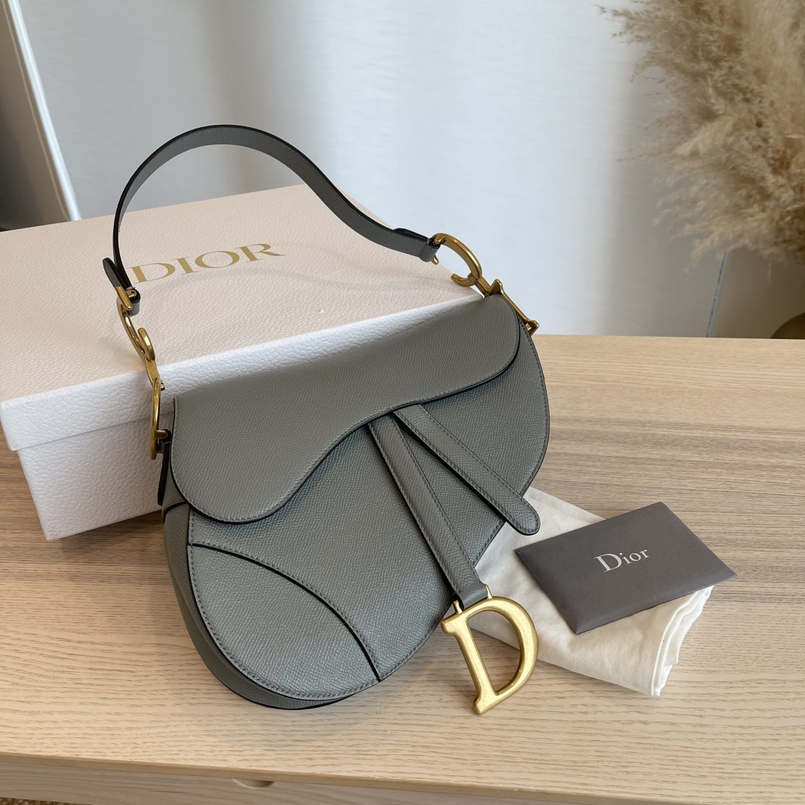 Christian Dior Grained Calfskin Saddle Bag Grey Stone
