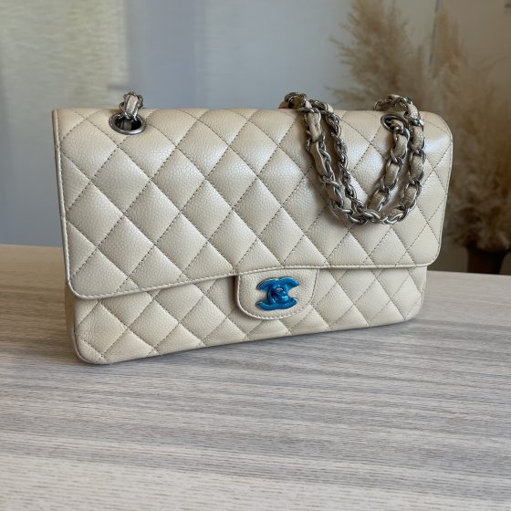 Chanel Caviar Quilted Medium Double Flap Beige Silver Hardware