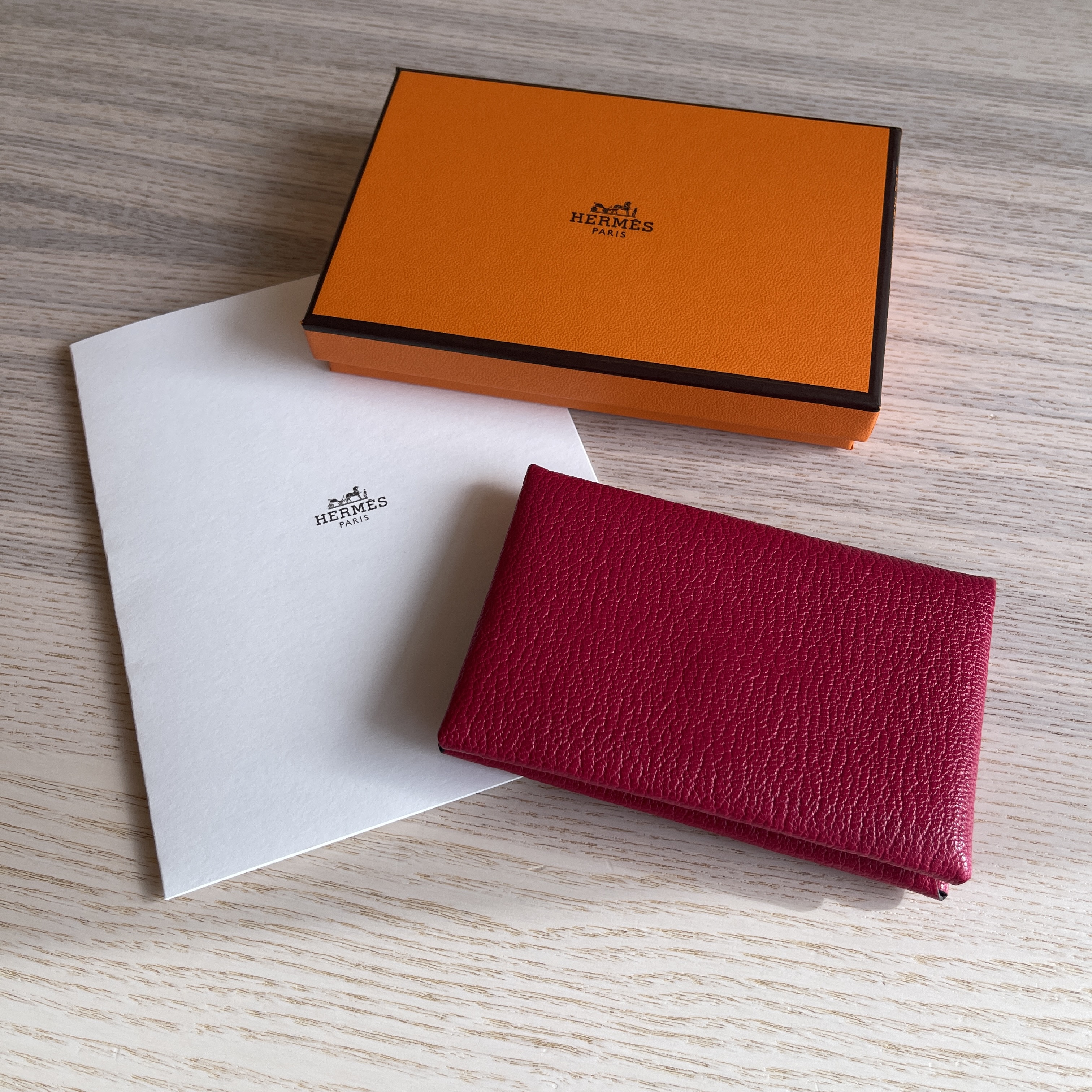 Hermès Framboise and Rouge Chèvre Calvi Card Case - Ann's Fabulous