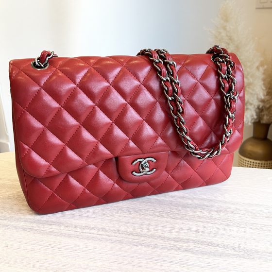 Chanel Lambskin Quilted Jumbo Double Flap Red Ruthenium Hardware