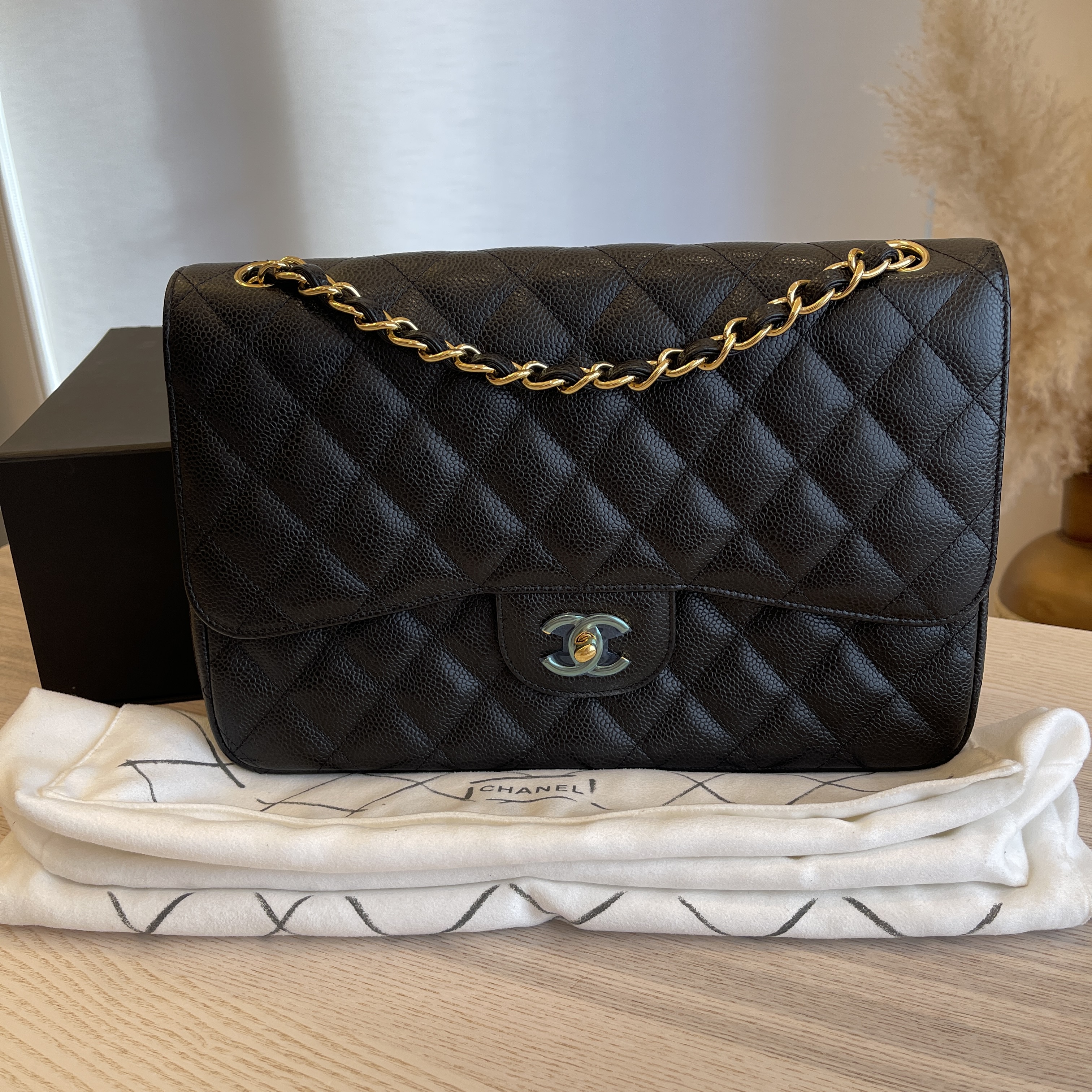 Chanel Caviar Quilted Jumbo Double Flap Black Gold Hardware