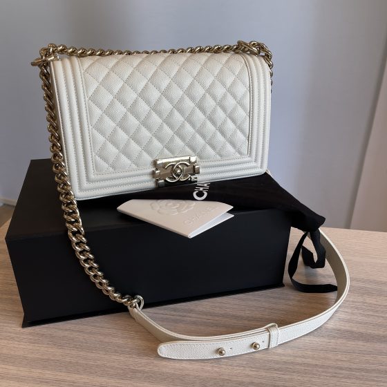 Chanel Caviar Quilted Medium Boy Flap White Champagne Gold Hardware