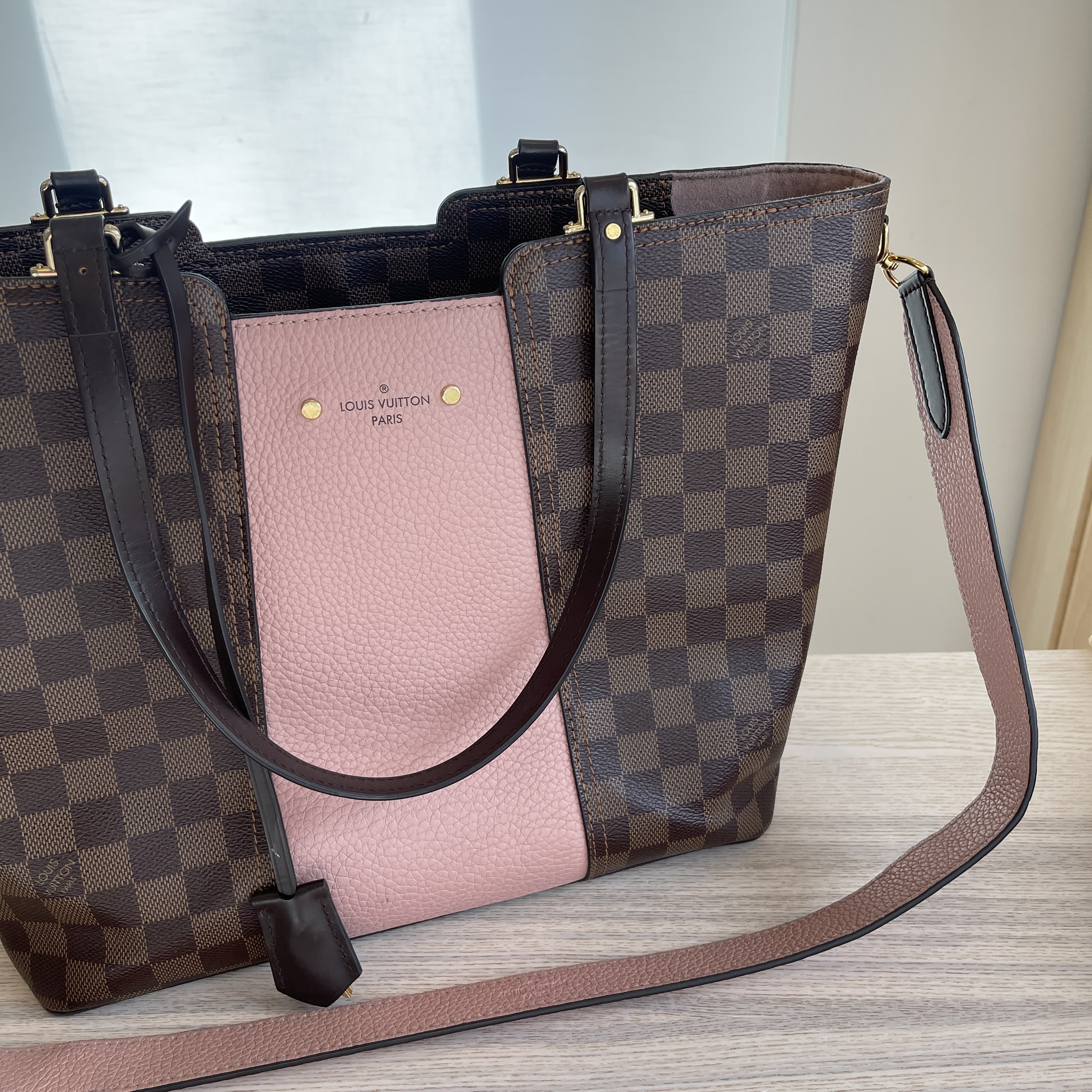 USED Louis Vuitton Damier Ebene with Pink Leather Jersey Tote Bag AUTHENTIC