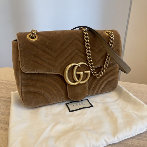 Gucci Velvet Matelasse Medium GG Marmont Shoulder Bag Brown