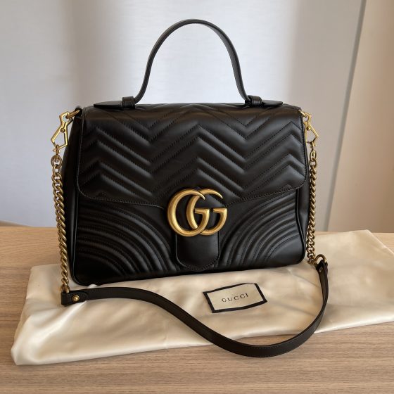 Gucci GG Marmont Top Handle Flap Bag Matelasse Leather Medium Black