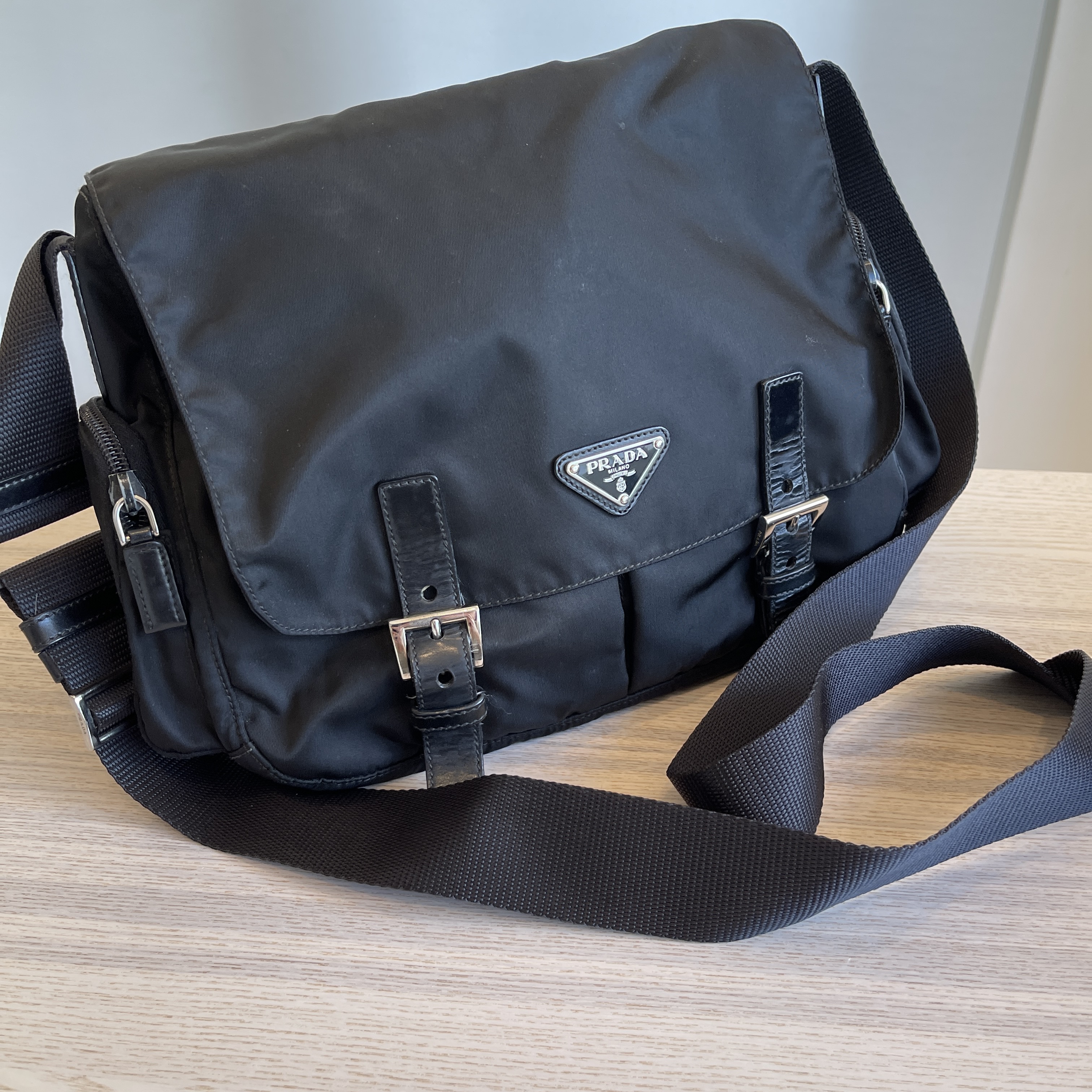 PRADA Tessuto Nylon Saffiano Messenger Bag Black Grey 1215530