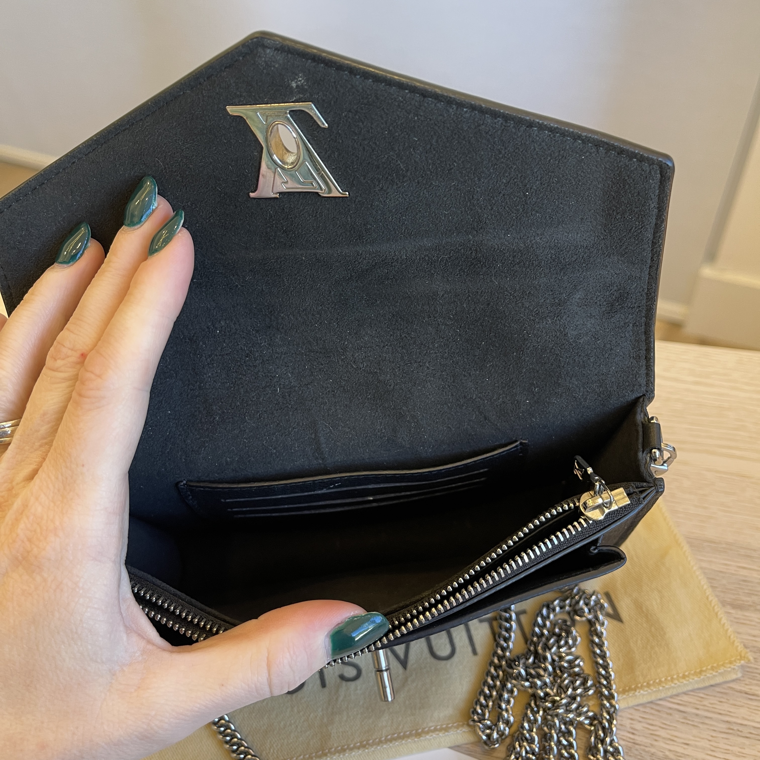 LOUIS VUITTON Soft Calfskin My Lockme Chain Pochette Black | FASHIONPHILE