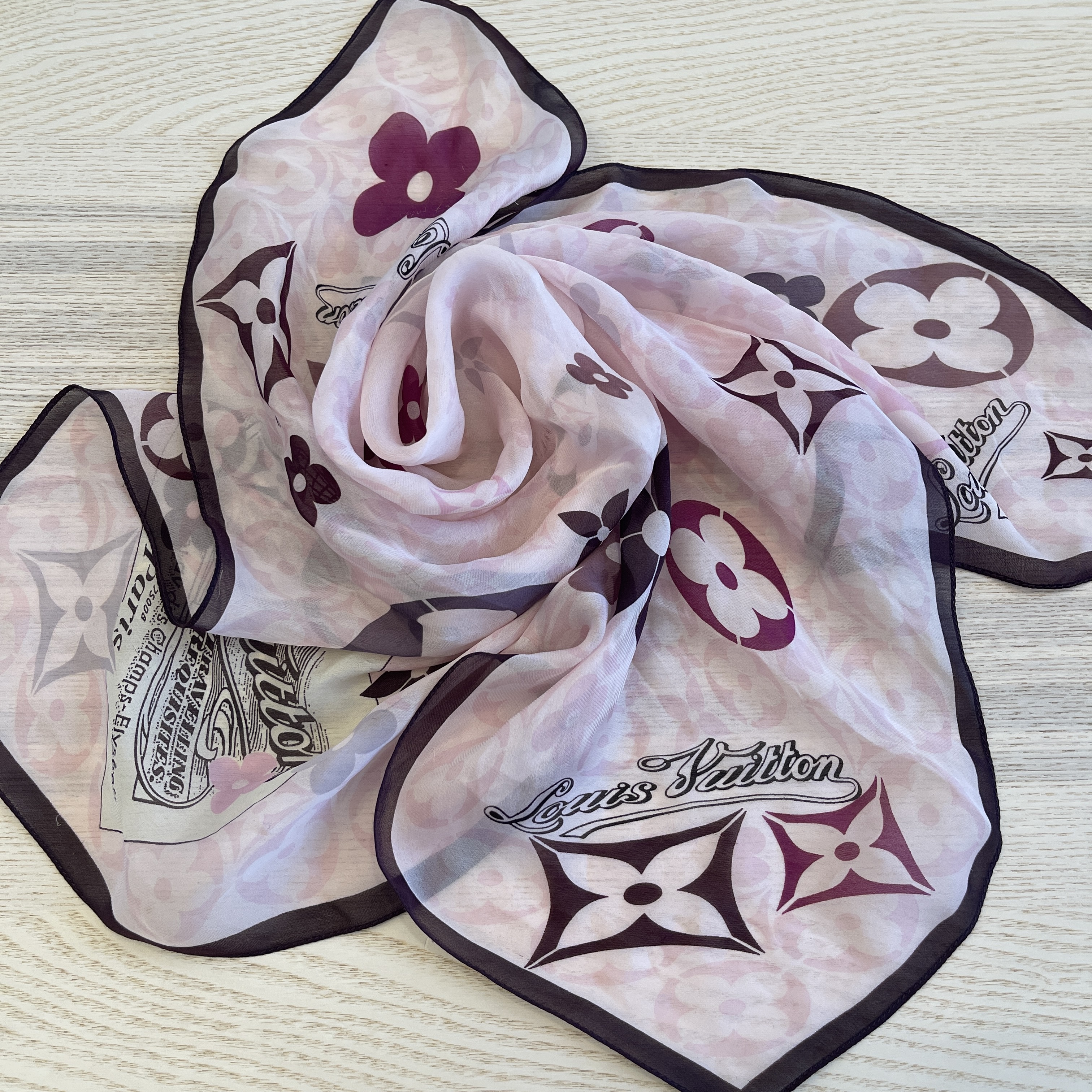 Authentic Louis Vuitton Monogram Flower Pattern Stole Scarf Silk