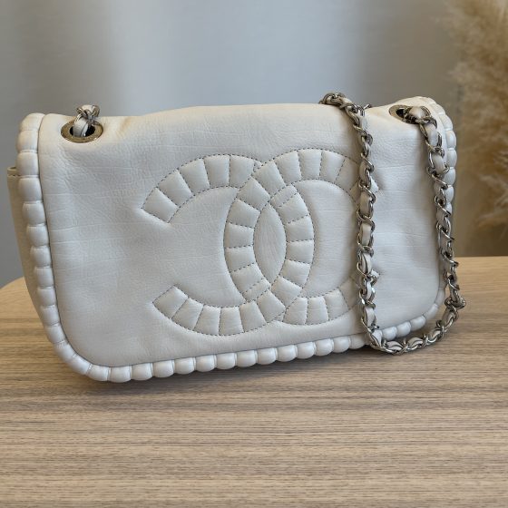 Chanel Vintage White Leather Flap Bag large CC Two Chains