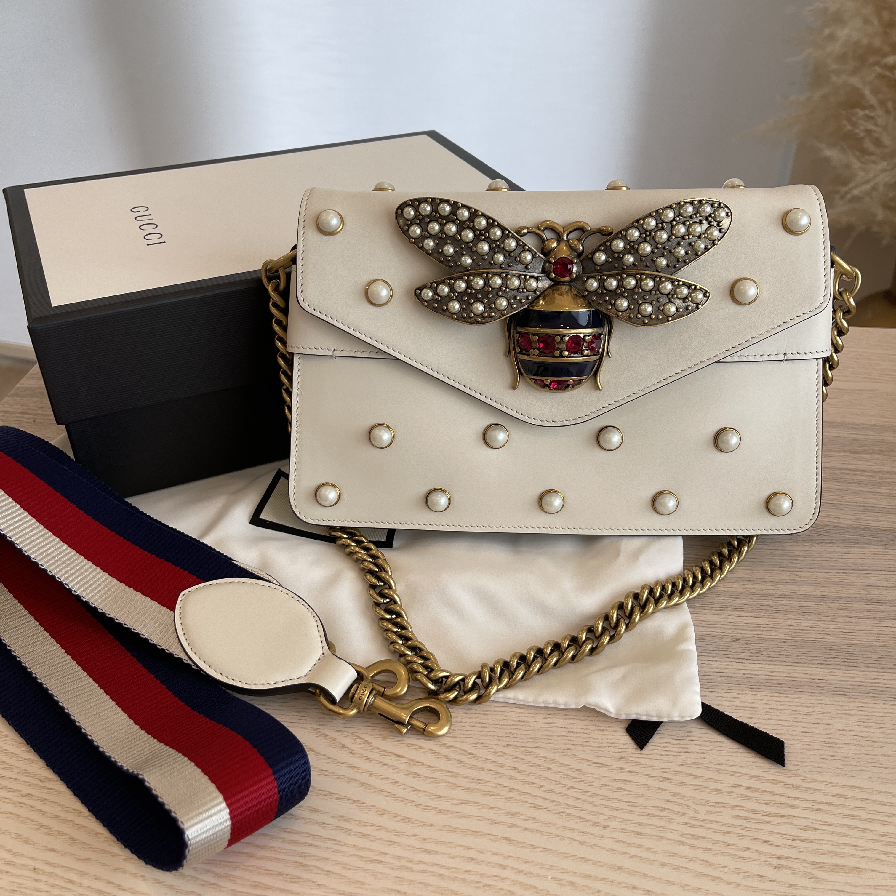 Gucci Calfskin Pearl Studded Mini Broadway Bee Shoulder Bag White