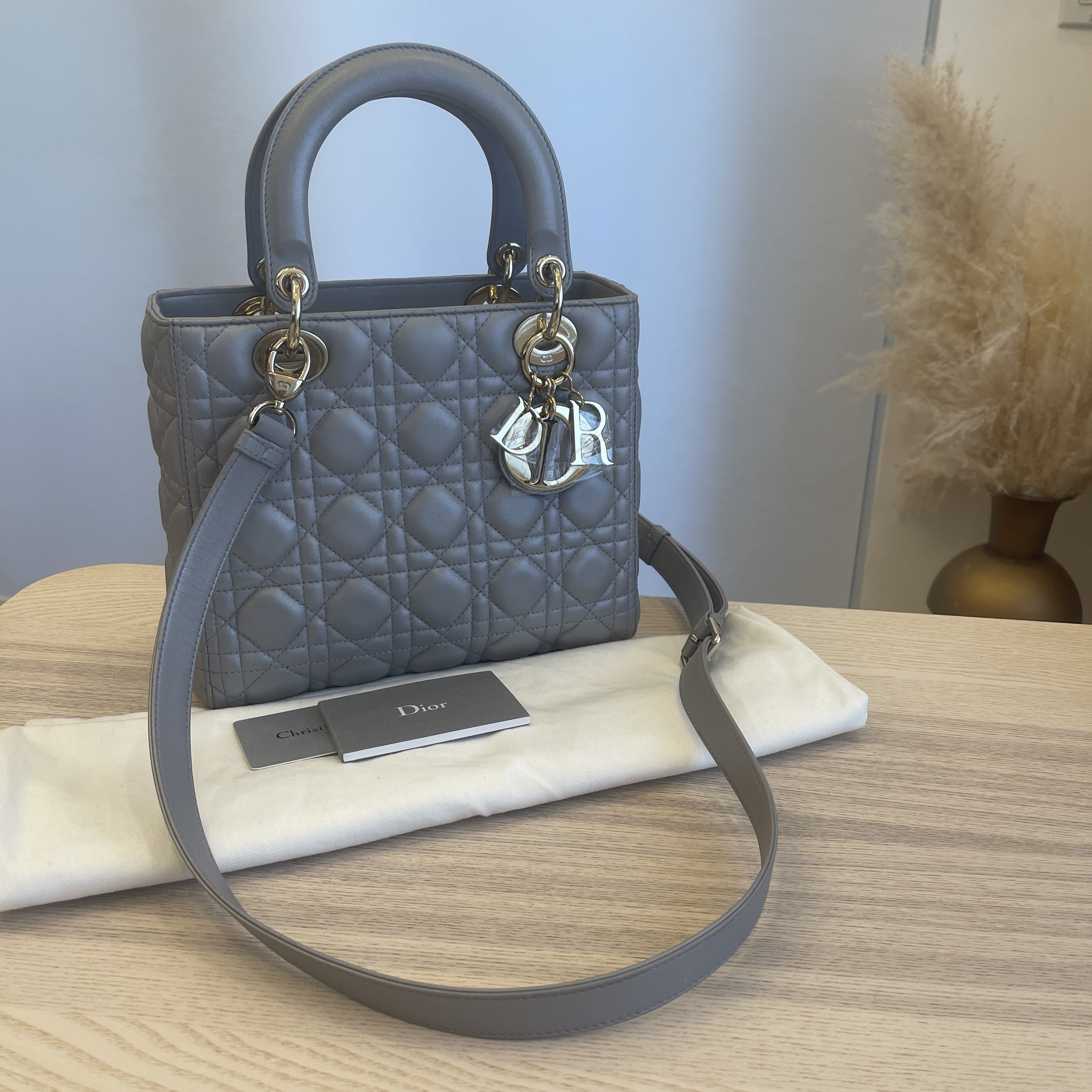 Christian Dior Lambskin Cannage Medium Lady Dior Gray Pearlescent