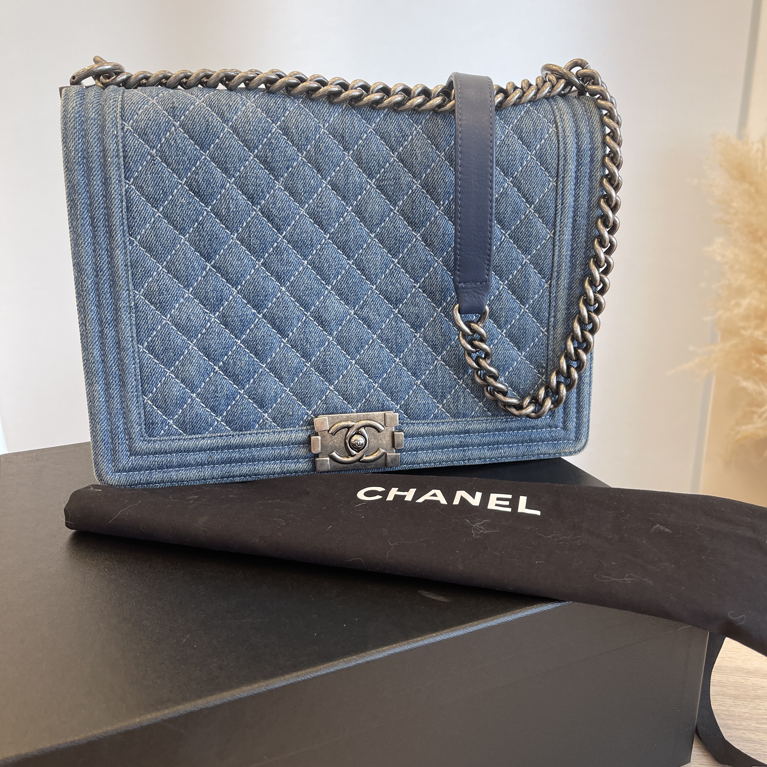 CHANEL Frayed Denim Quilted Large Blue Chip Flap Blue 1200343