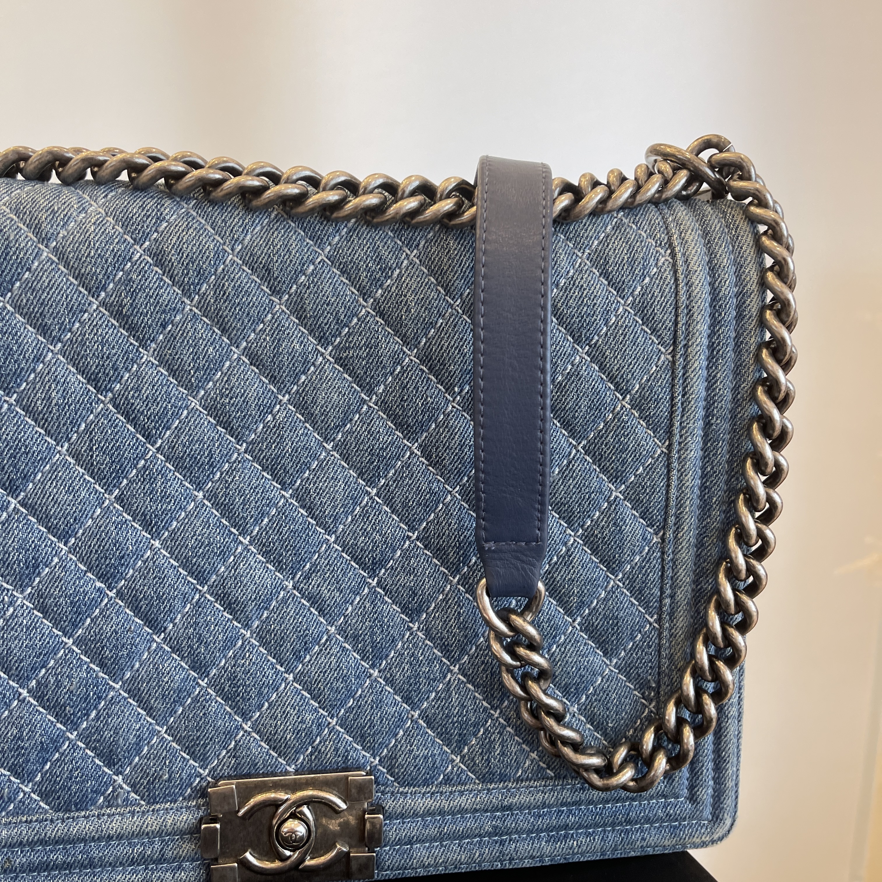 CHANEL Frayed Denim Quilted Large Blue Chip Flap Blue 1297208