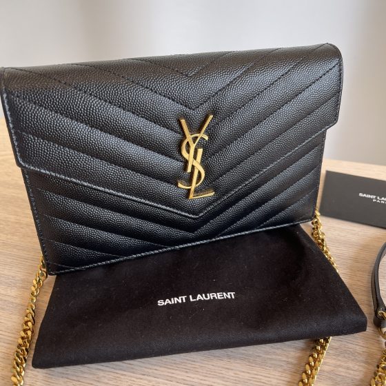 Saint Laurent Envelope Quilted Leather Chain Wallet Black GHW