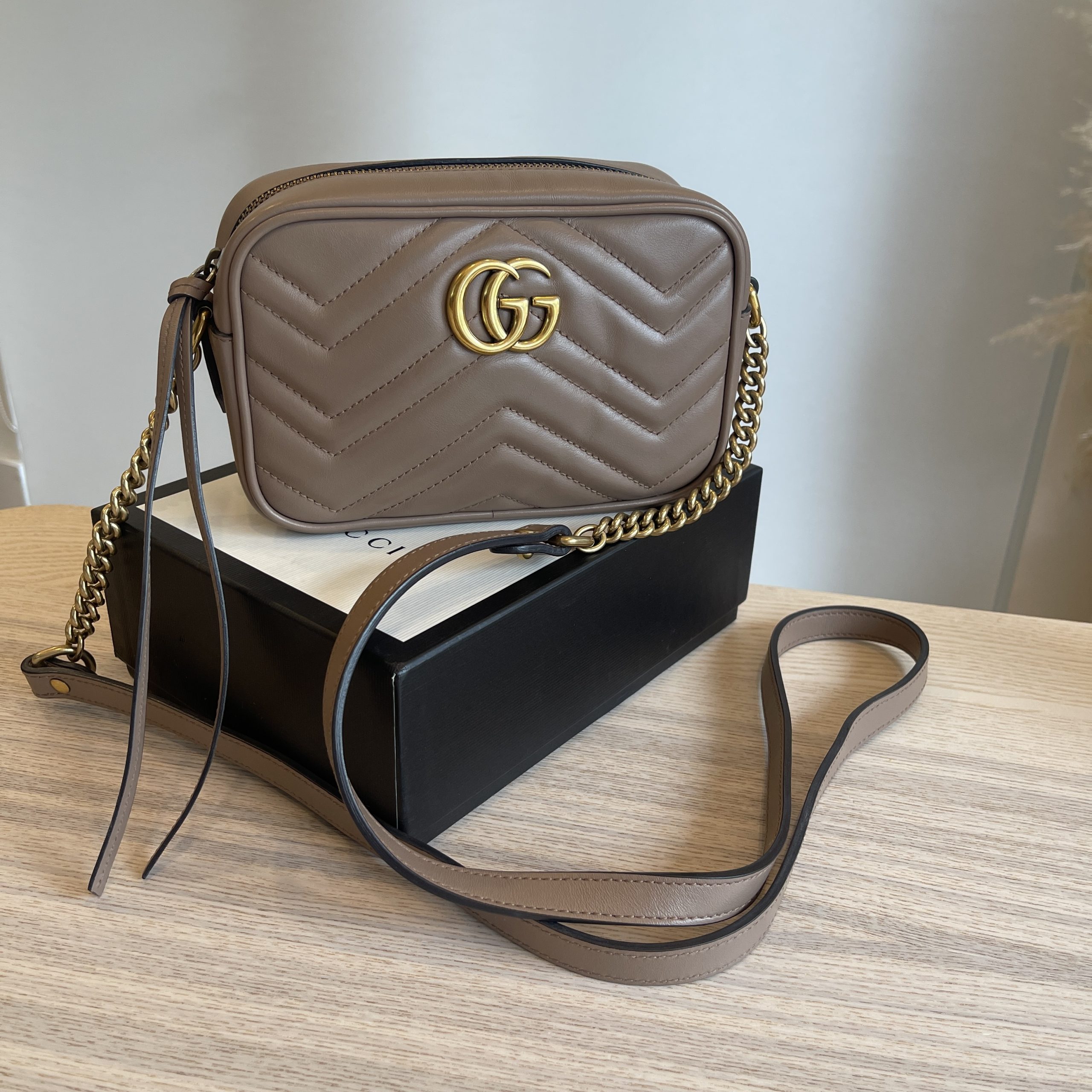 Gucci Calfskin Matelasse Mini GG Marmont Chain Shoulder Bag Porcelain Rose
