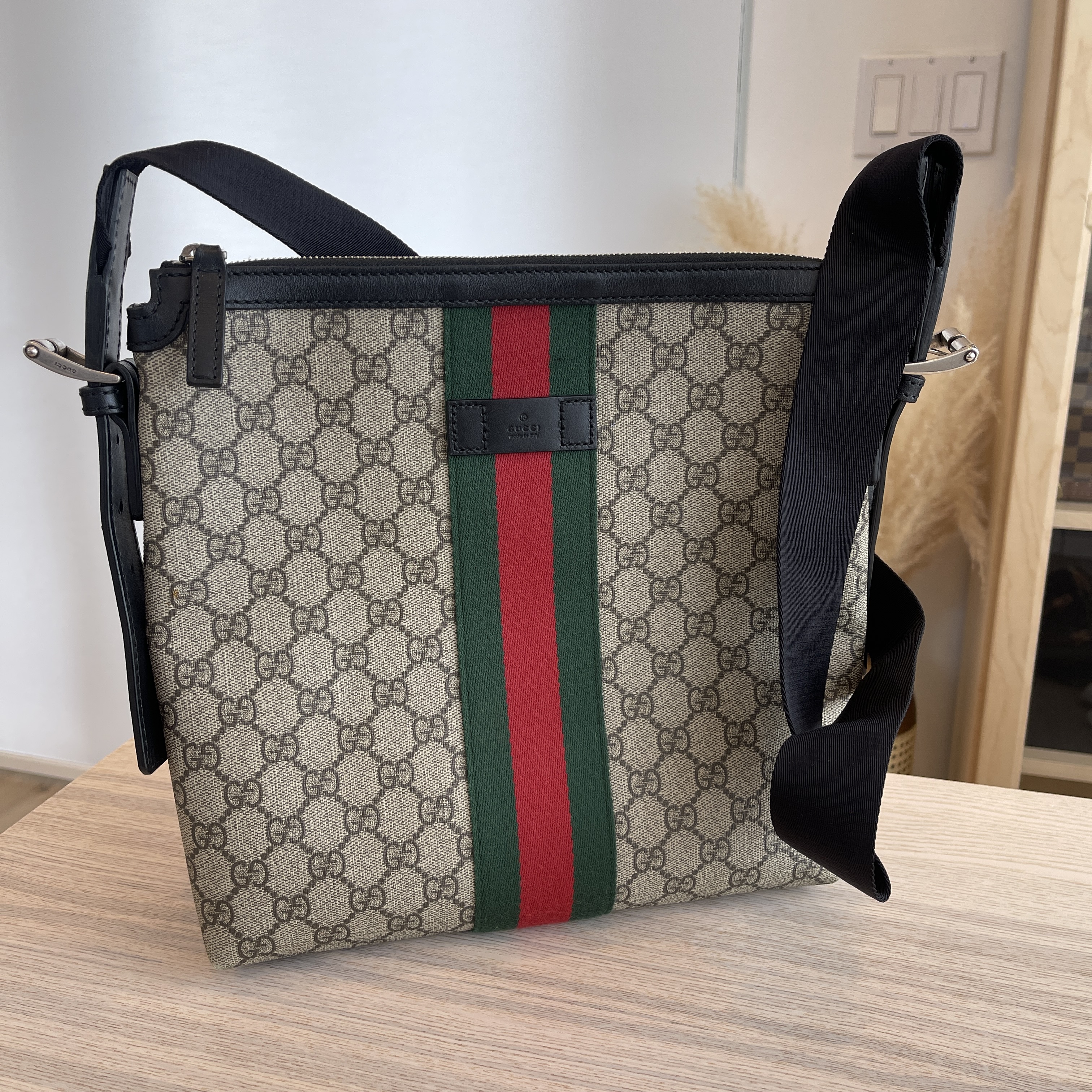 Gucci GG Supreme Monogram Web Messenger Bag Black (598103) at 1stDibs