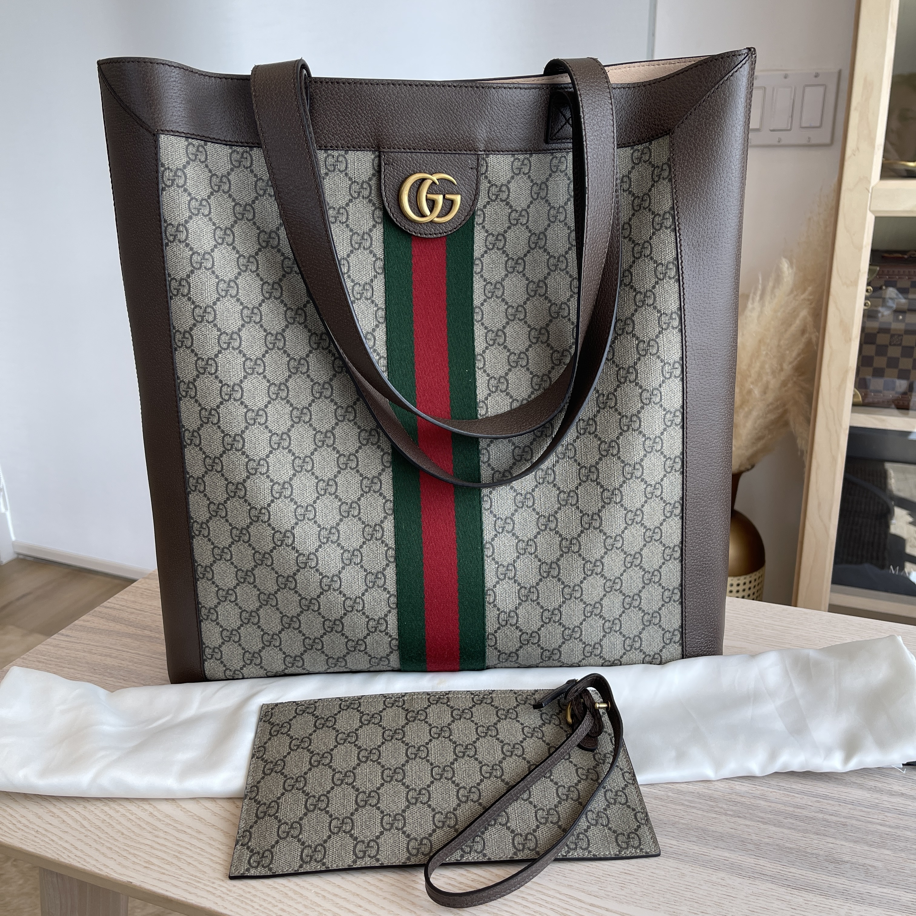 GUCCI Ophidia GG Vertical Supreme Monogram Web Tote Bag Brown 524536