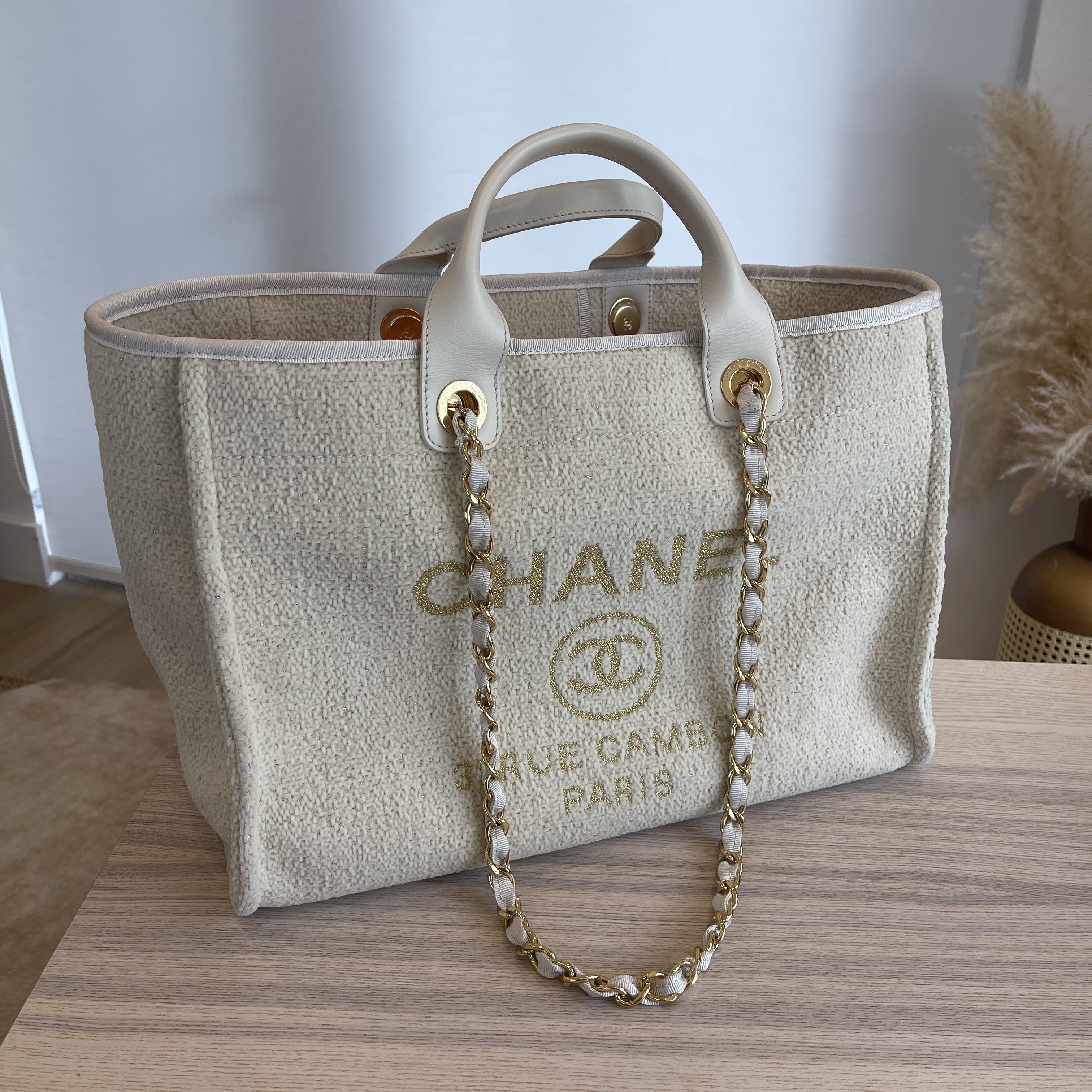 Chanel Mixed Fibers Calfskin Medium Deauville Tote Light Beige Glitter Gold