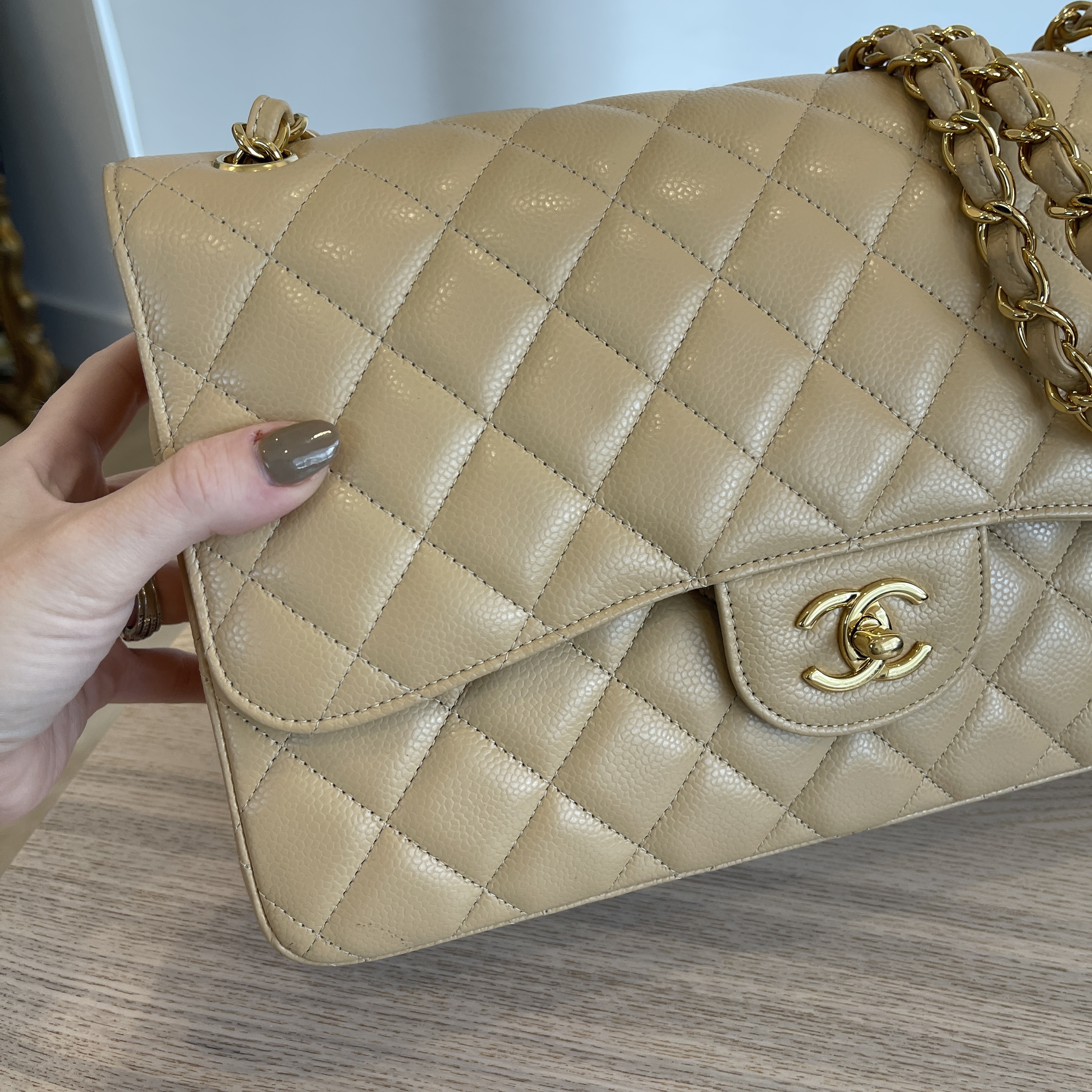 Chanel Caviar Quilted Jumbo Double Flap Beige Gold Hardware