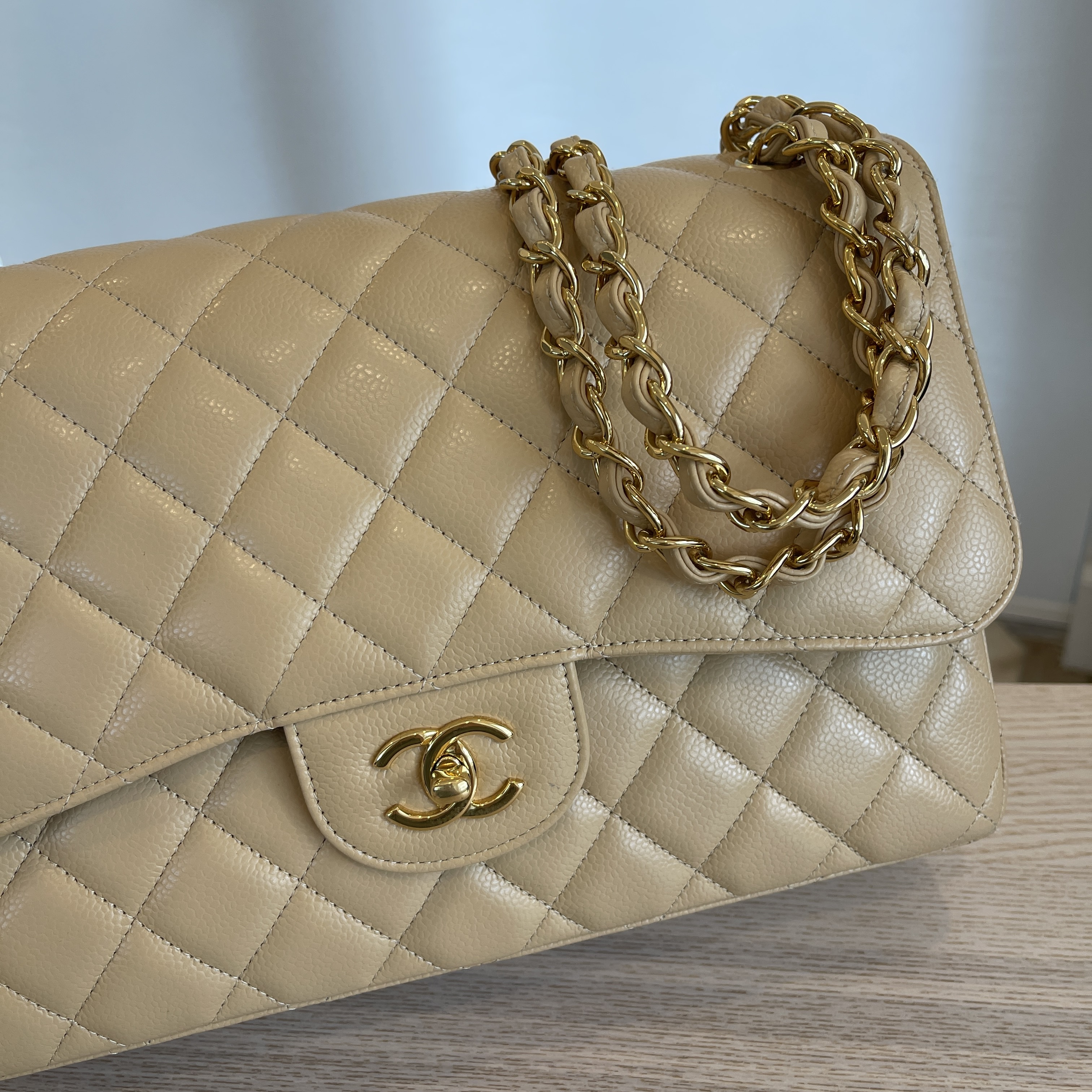 Chanel Caviar Quilted Jumbo Double Flap Beige Gold Hardware