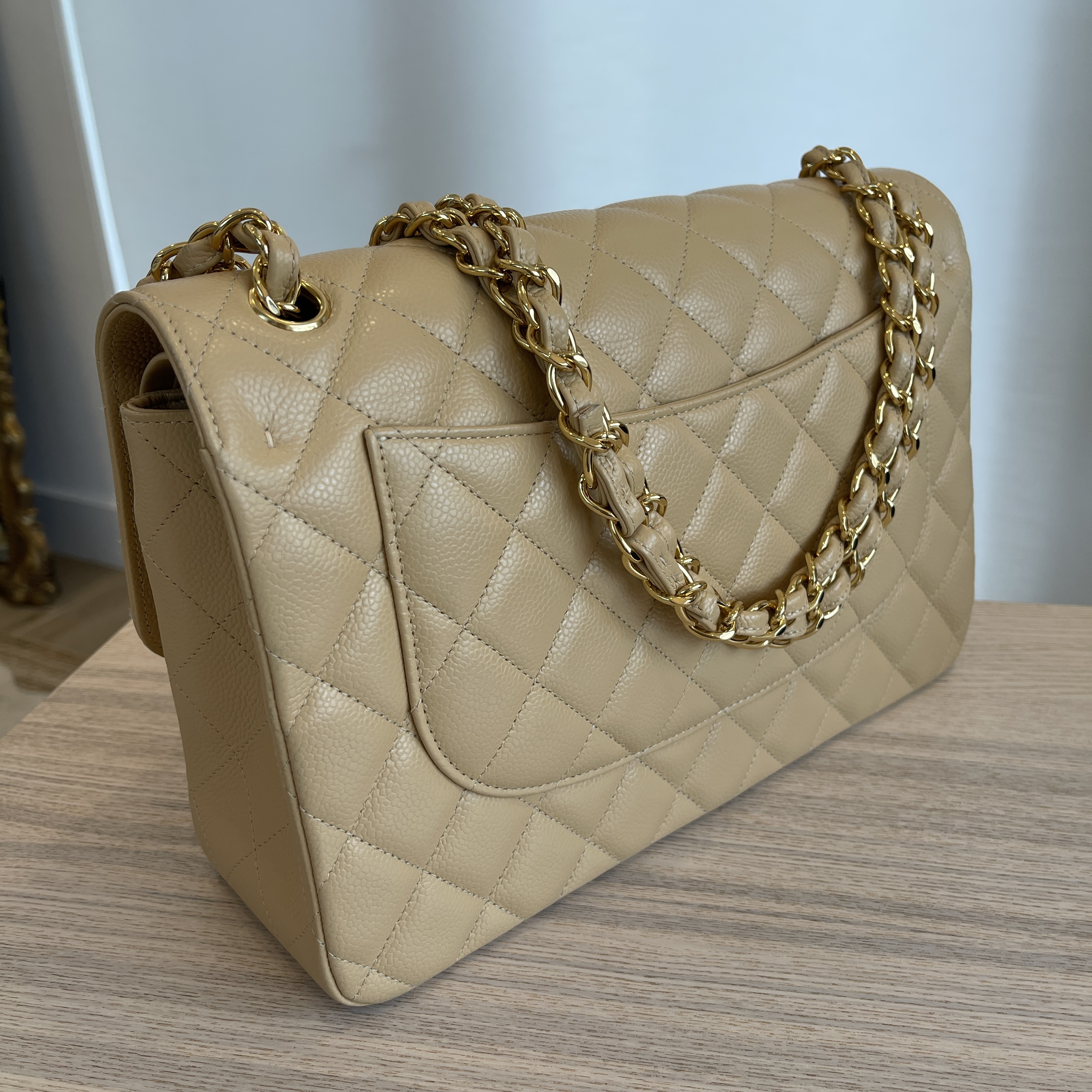 Chanel Caviar Quilted Jumbo Double Flap Beige Gold Hardware