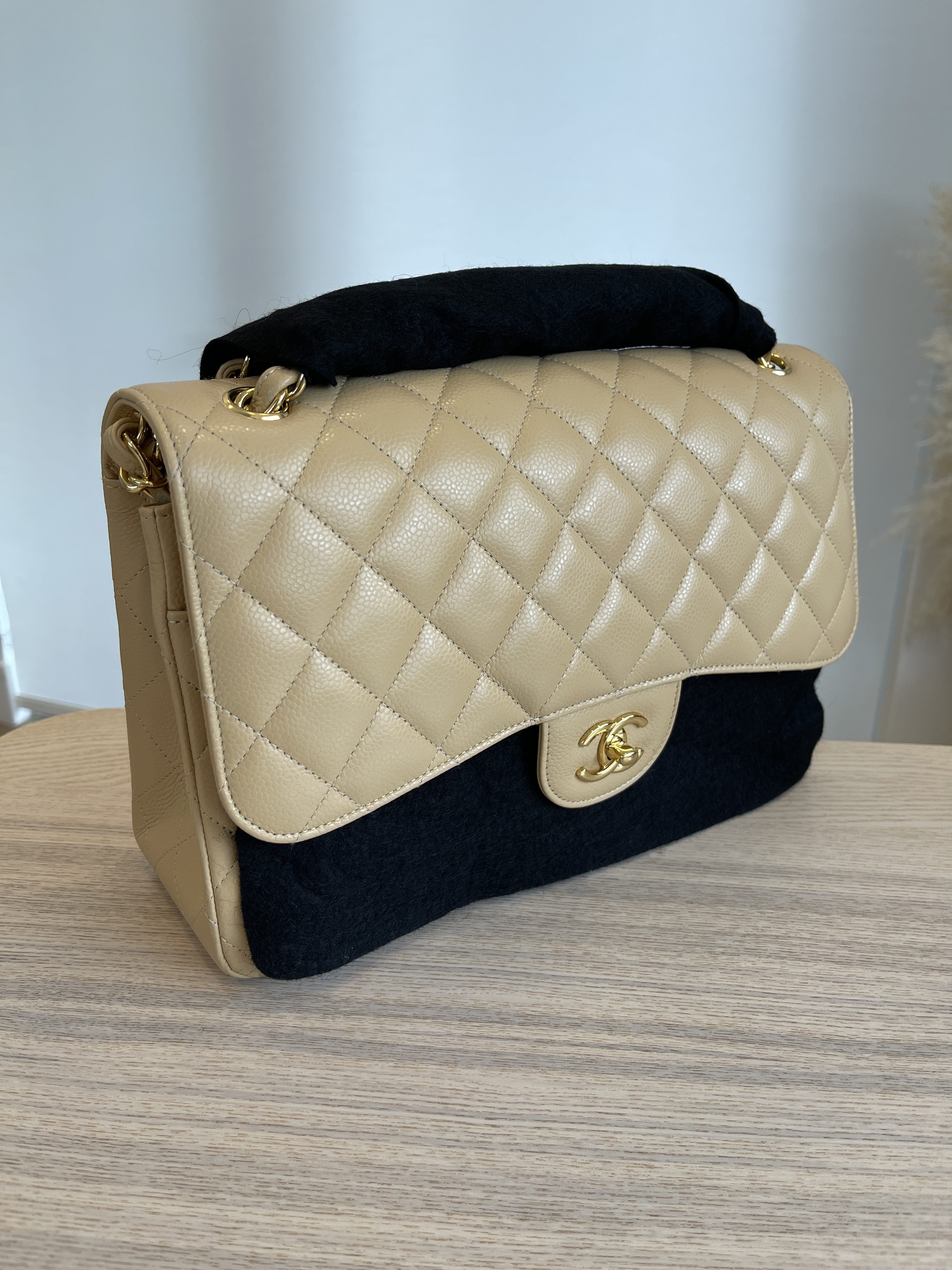 Chanel Caviar Quilted Jumbo Double Flap Beige Gold Hardware