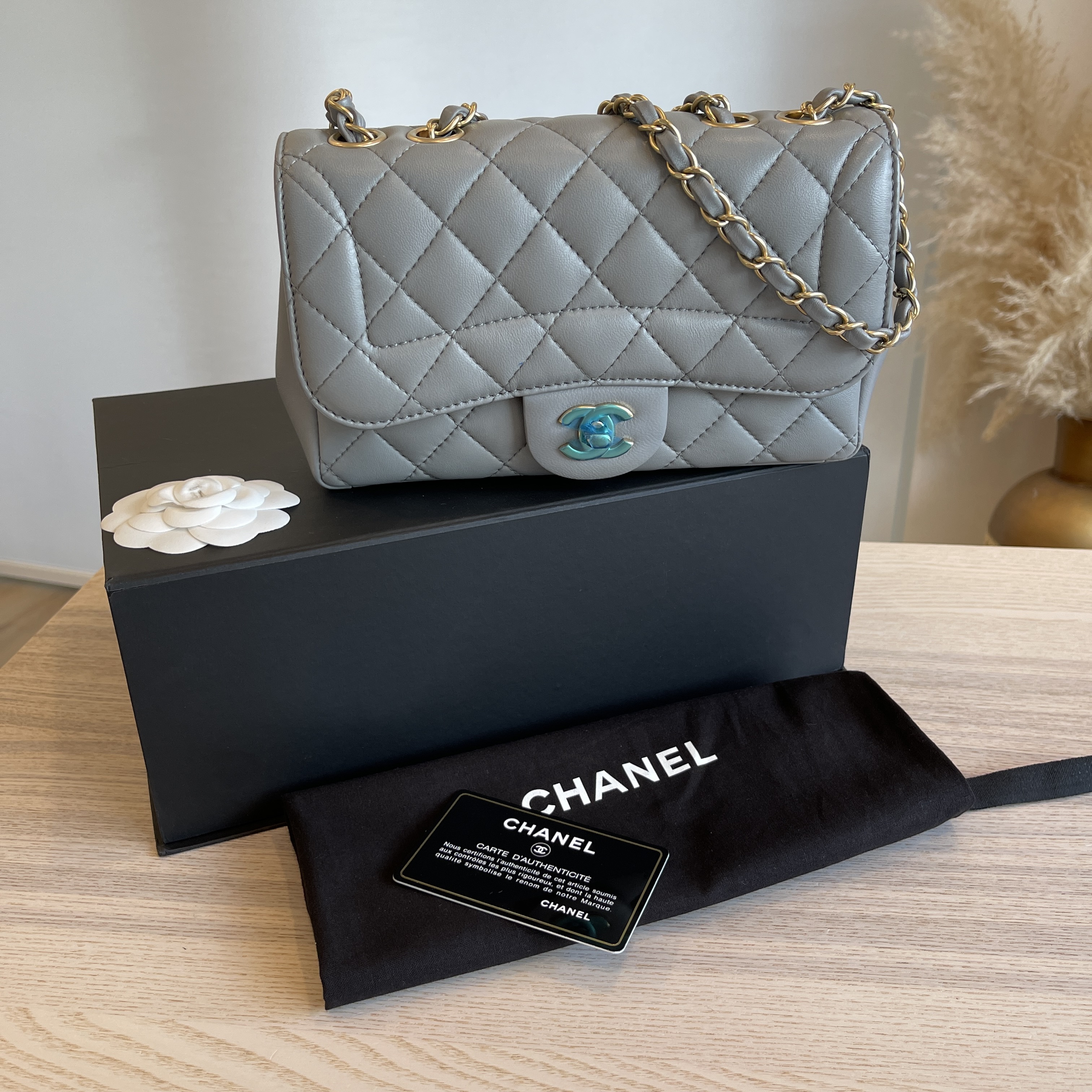 Chanel Lambskin Quilted Mini Mademoiselle Chic Flap Gray Gold Hardware