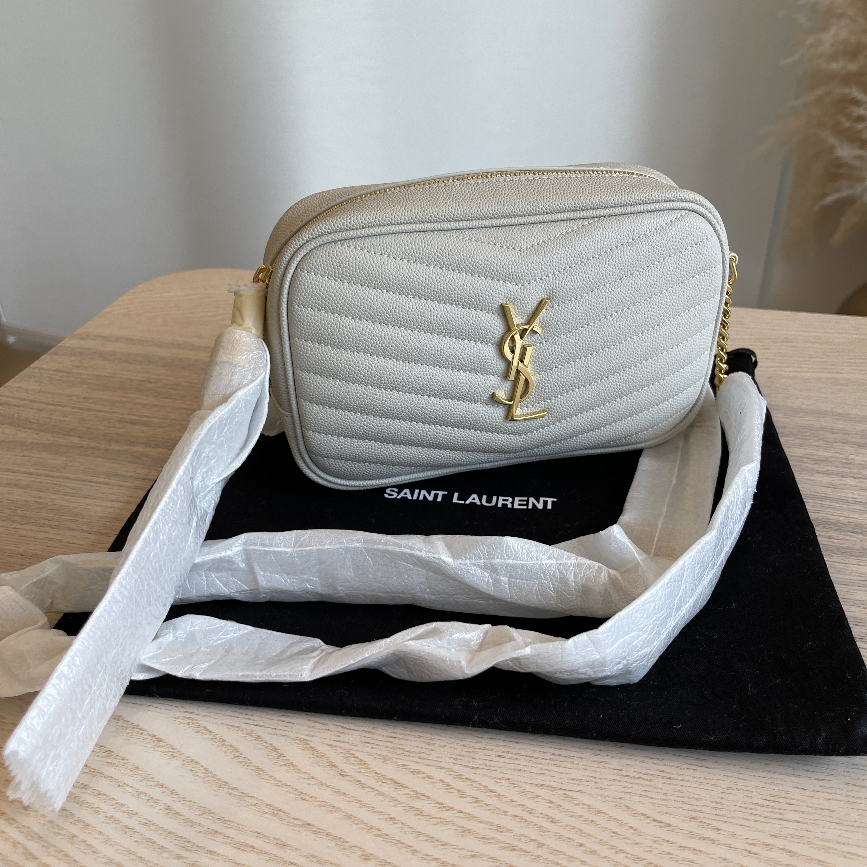 Saint Laurent Calfskin Matelasse Monogram Mini Lou Camera Bag Crema Soft GHW