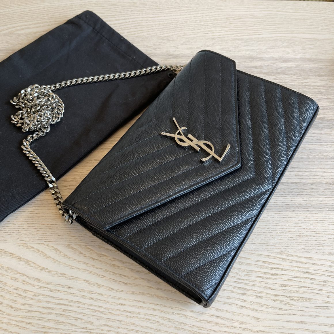 Yves Saint Laurent Black/Silver Suede Star Print Envelope Small Wallet on Chain Bag