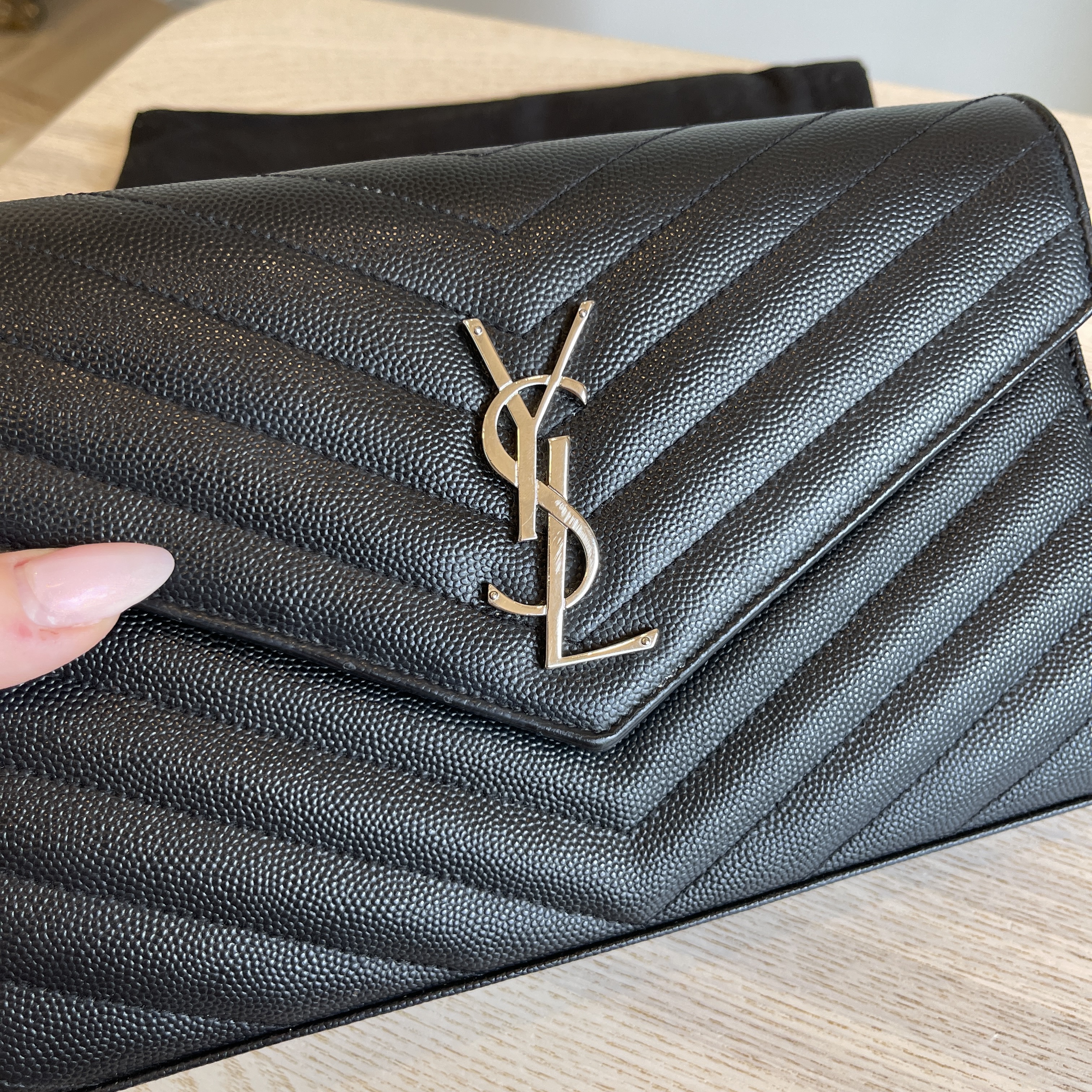 SAINT LAURENT Black envelope wallet with silver monogram