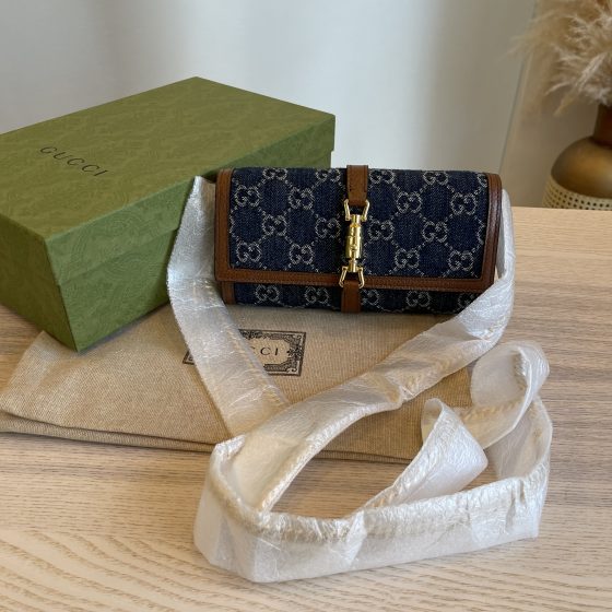 Gucci New Denim GG Monogram Jackie 1961 Chain Wallet Blue Tea Cuir