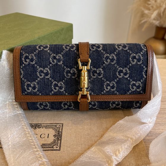 Gucci New Denim GG Monogram Jackie 1961 Chain Wallet Blue Tea Cuir