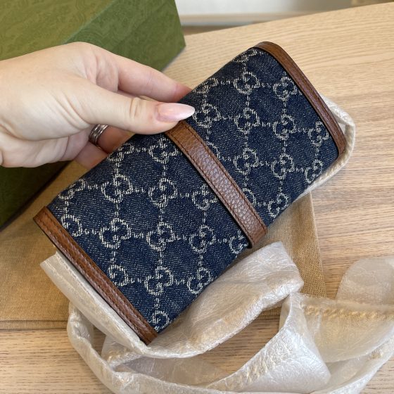 Gucci New Denim GG Monogram Jackie 1961 Chain Wallet Blue Tea Cuir