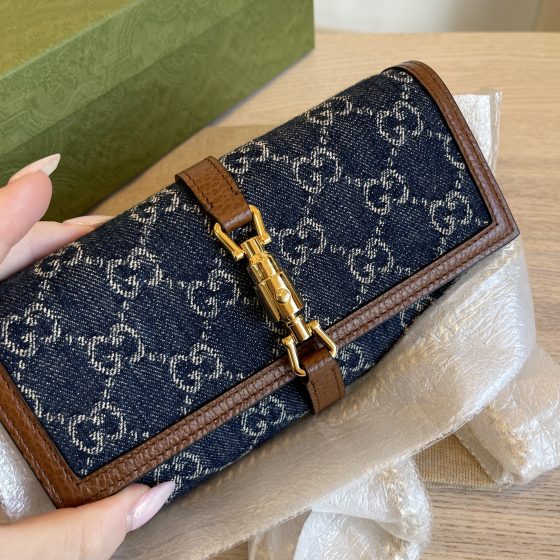 Gucci New Denim GG Monogram Jackie 1961 Chain Wallet Blue Tea Cuir