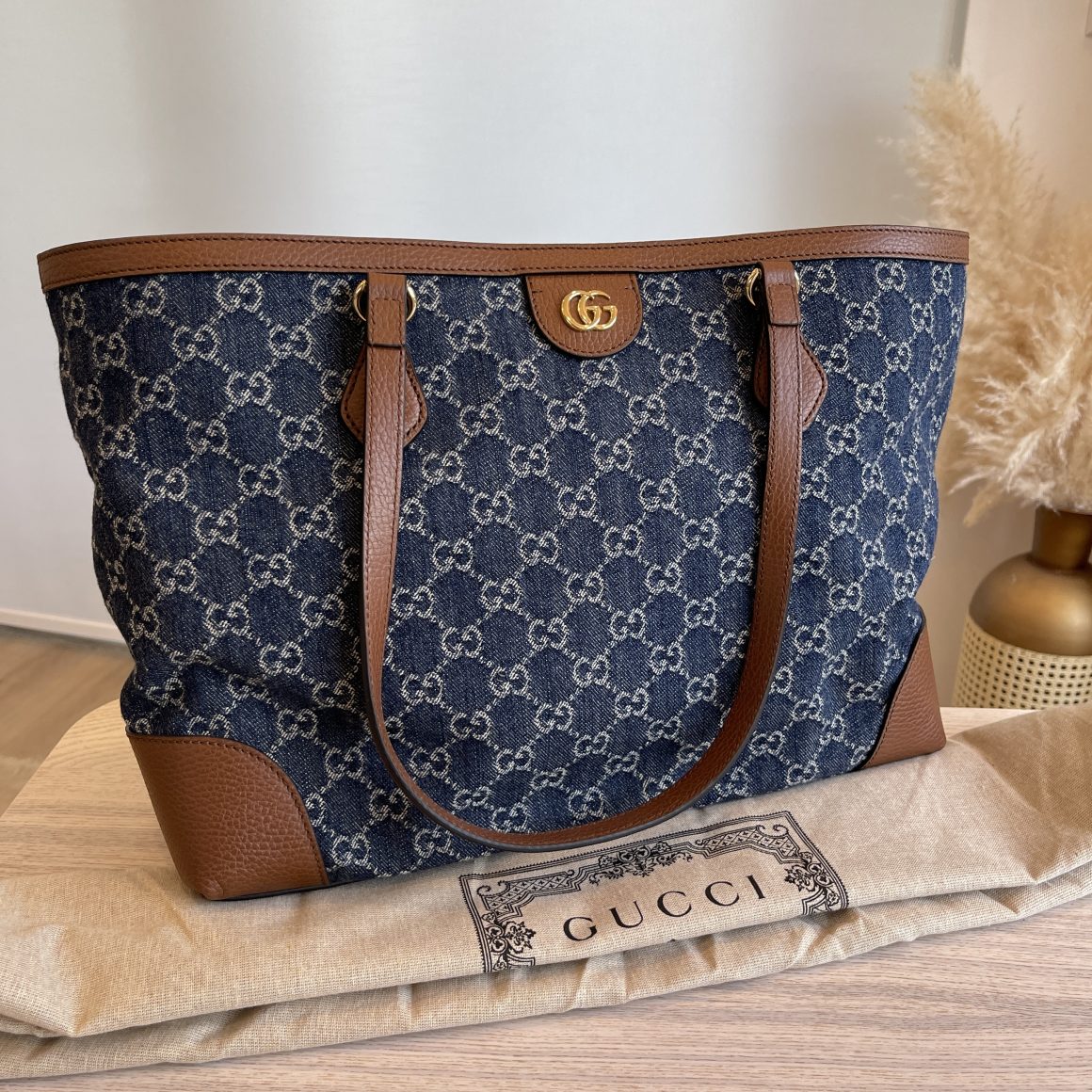 Gucci New Denim GG Monogram Medium Ophidia Shopping Tote Blue Tea Cuir