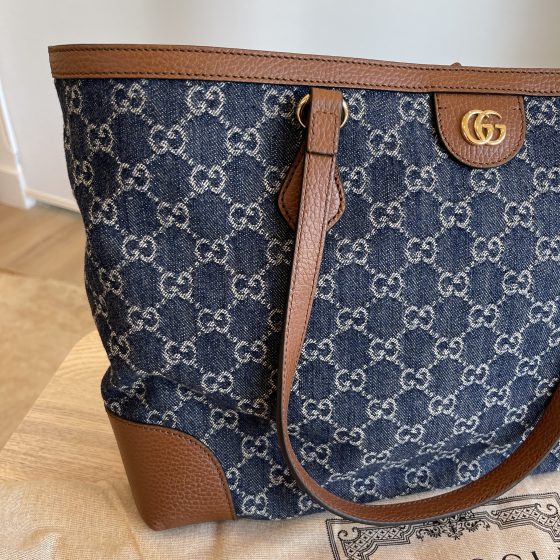 Gucci New Denim GG Monogram Medium Ophidia Shopping Tote Blue Tea Cuir