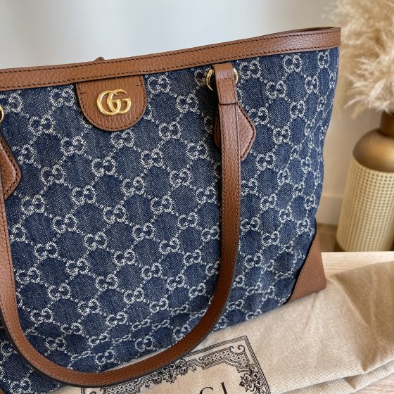 Gucci New Denim GG Monogram Medium Ophidia Shopping Tote Blue Tea Cuir